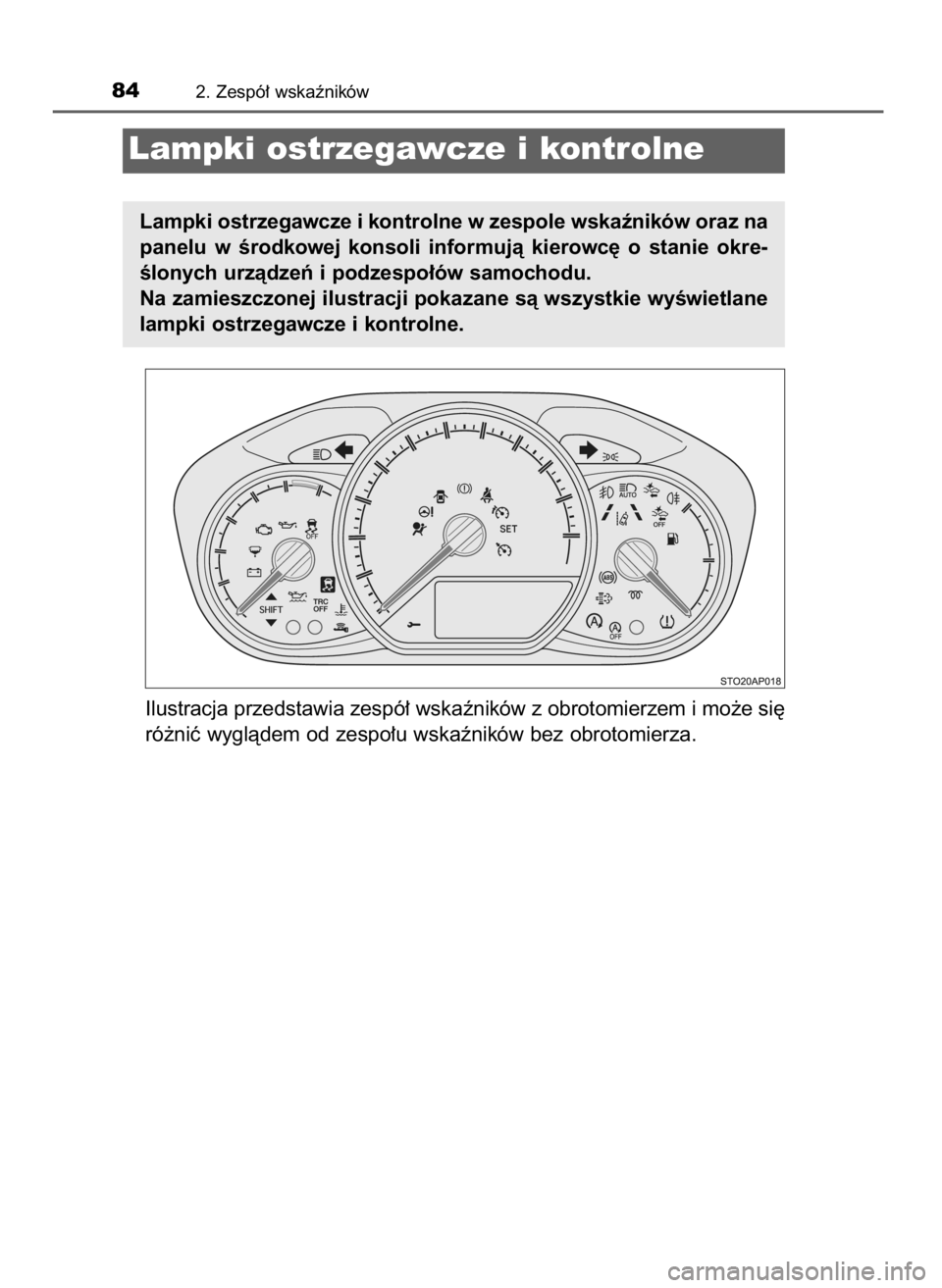 TOYOTA YARIS HATCHBACK 2015  Instrukcja obsługi (in Polish) Ilustracja przedstawia zespó∏ wskaêników z obrotomierzem i mo˝e si´
ró˝niç wyglàdem od zespo∏u wskaêników bez obrotomierza.
842. Zespó∏ wskaêników
Lampki ostrzegawcze i kontrolne
L