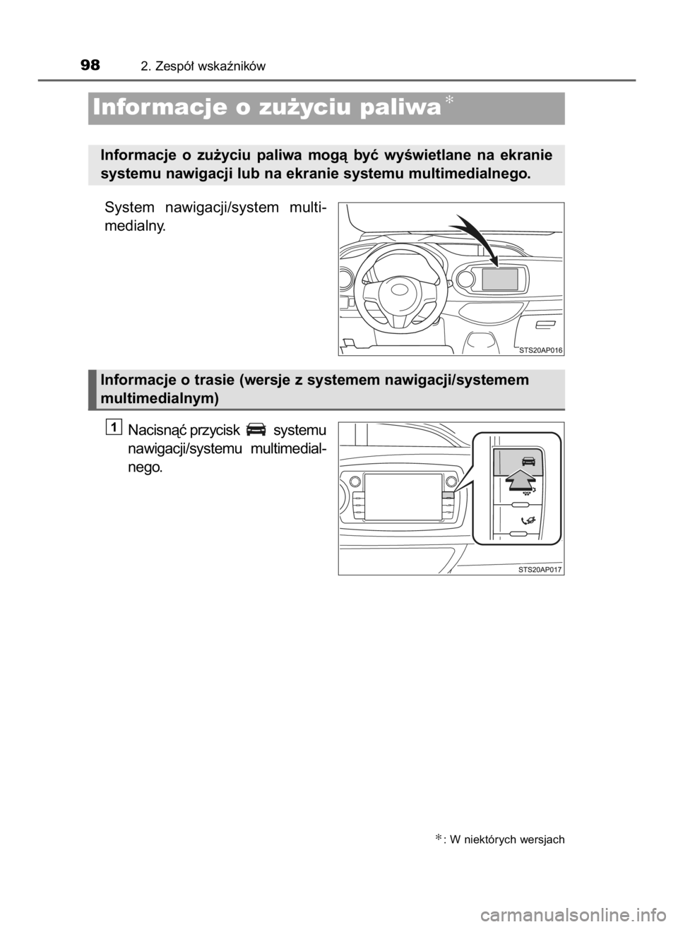 TOYOTA YARIS 2016  Kezelési útmutató (in Hungarian) System  nawigacji/system  multi-
medialny.
Nacisnàç przycisk  systemu
nawigacji/systemu  multimedial-
nego.
1
982. Zespó∏ wskaêników
Informacje o zu˝yciu paliwa✻
Informacje  o zu˝yciu  pali