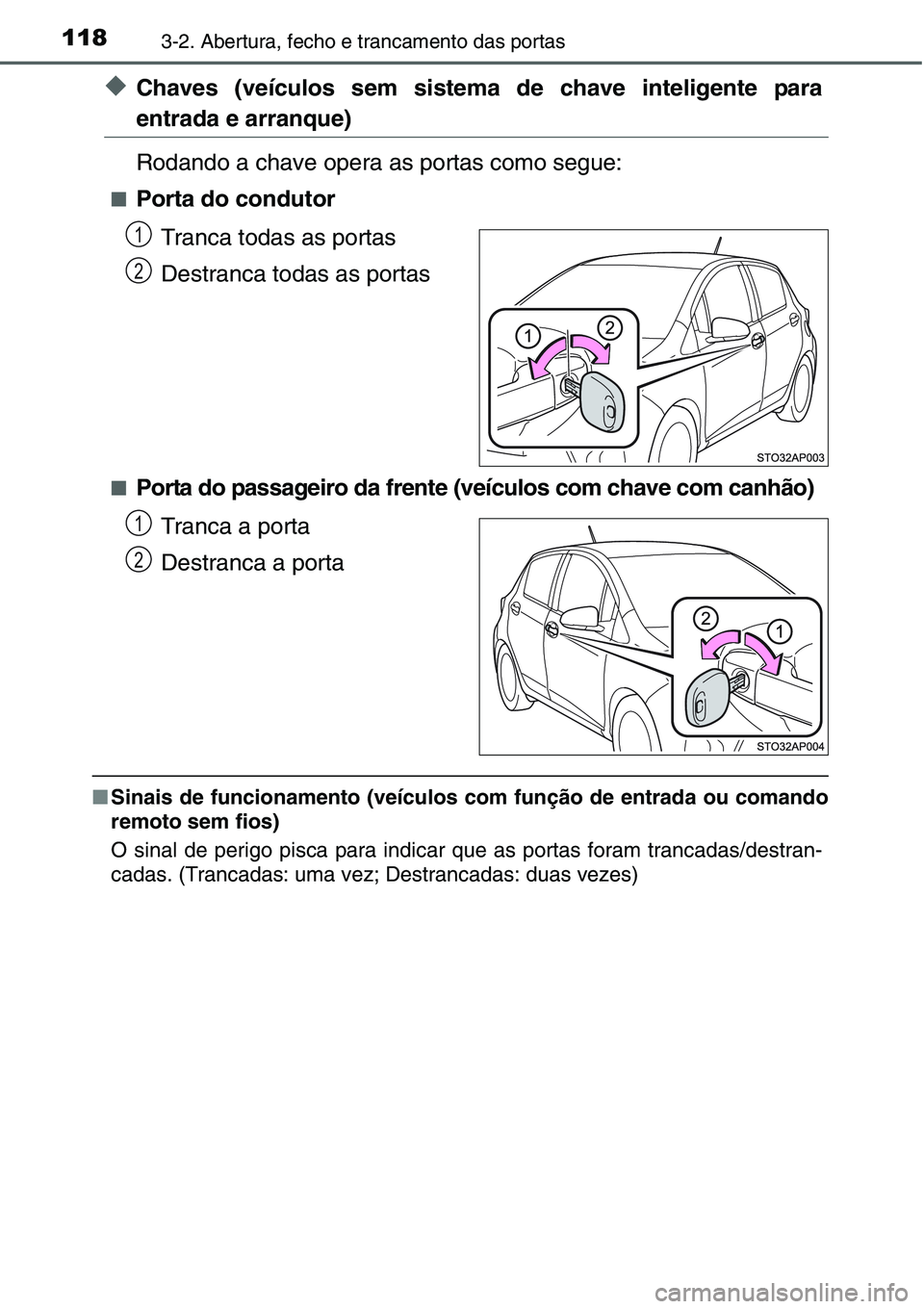 TOYOTA YARIS HATCHBACK 2015  Manual de utilização (in Portuguese) 1183-2. Abertura, fecho e trancamento das portas
◆Chaves (veículos sem sistema de chave inteligente para
entrada e arranque)
Rodando a chave opera as portas como segue:
■Porta do condutor
Tranca 