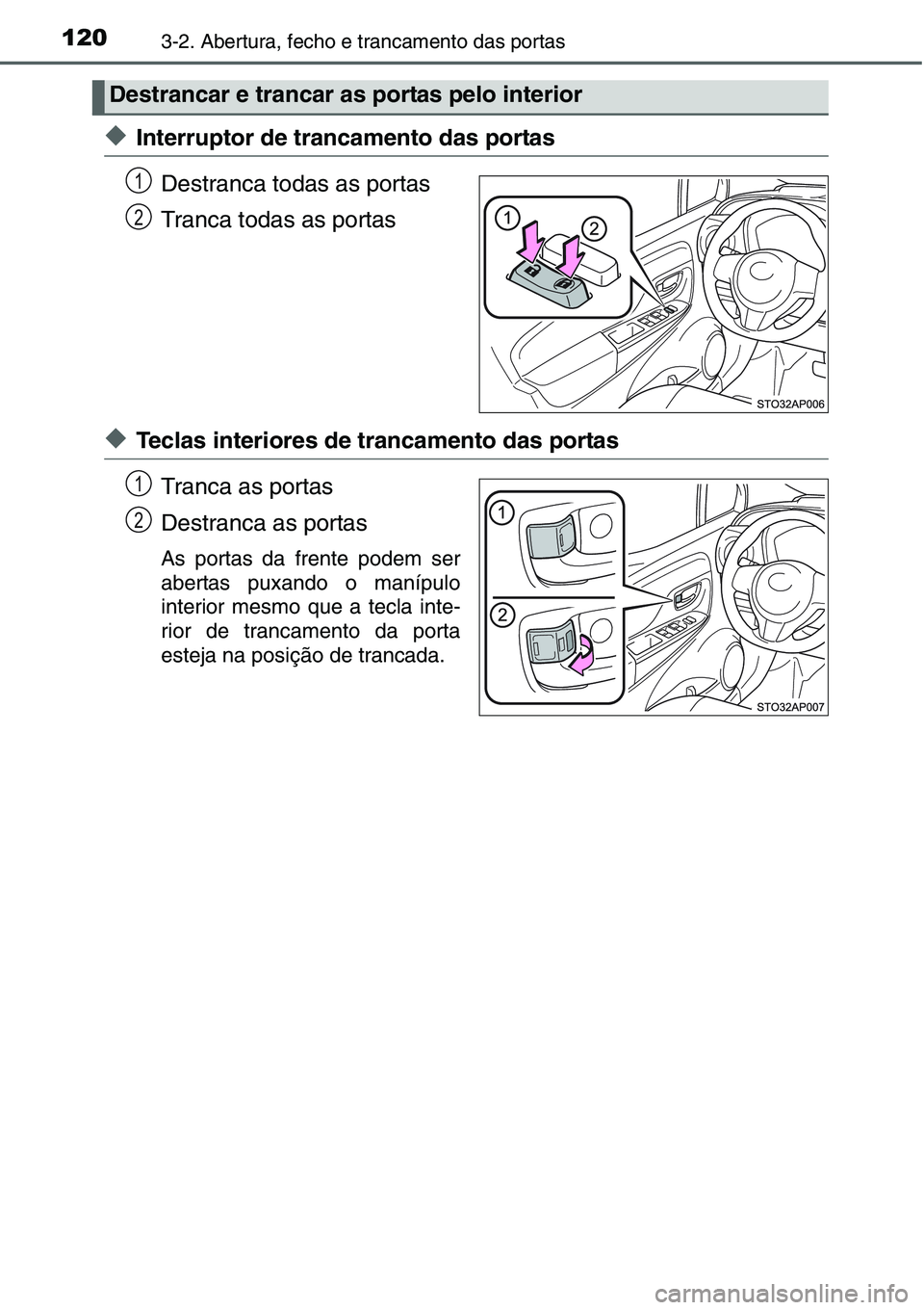 TOYOTA YARIS HATCHBACK 2015 Manual de utilização (in Portuguese) 1203-2. Abertura, fecho e trancamento das portas
◆Interruptor de trancamento das portas
Destranca todas as portas
Tranca todas as portas
◆Teclas interiores de trancamento das portas
Tranca as port TOYOTA YARIS HATCHBACK 2015 Manual de utilização (in Portuguese) 1203-2. Abertura, fecho e trancamento das portas
◆Interruptor de trancamento das portas
Destranca todas as portas
Tranca todas as portas
◆Teclas interiores de trancamento das portas
Tranca as port