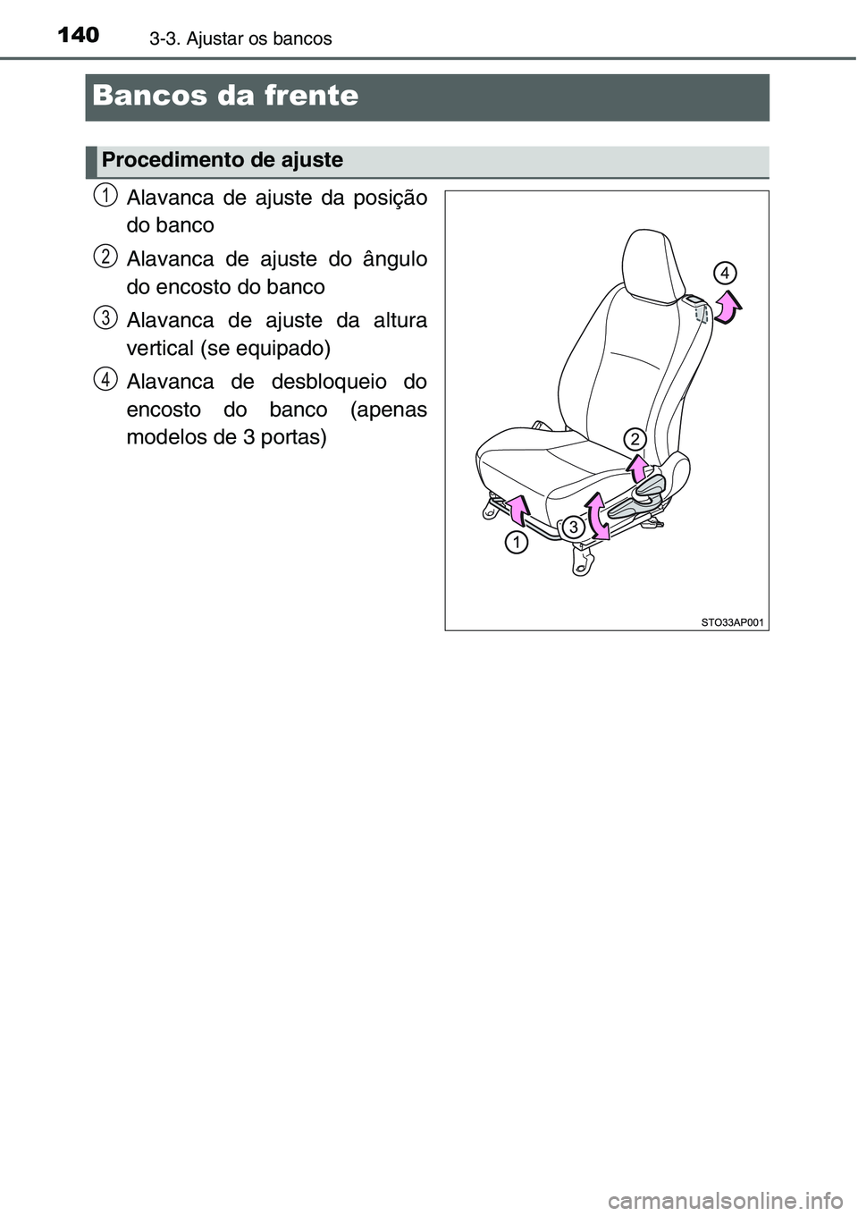 TOYOTA YARIS HATCHBACK 2015 Manual de utilização (in Portuguese) 1403-3. Ajustar os bancos
Bancos da frente
Alavanca de ajuste da posição
do banco
Alavanca de ajuste do ângulo
do encosto do banco
Alavanca de ajuste da altura
vertical (se equipado)
Alavanca de de TOYOTA YARIS HATCHBACK 2015 Manual de utilização (in Portuguese) 1403-3. Ajustar os bancos
Bancos da frente
Alavanca de ajuste da posição
do banco
Alavanca de ajuste do ângulo
do encosto do banco
Alavanca de ajuste da altura
vertical (se equipado)
Alavanca de de