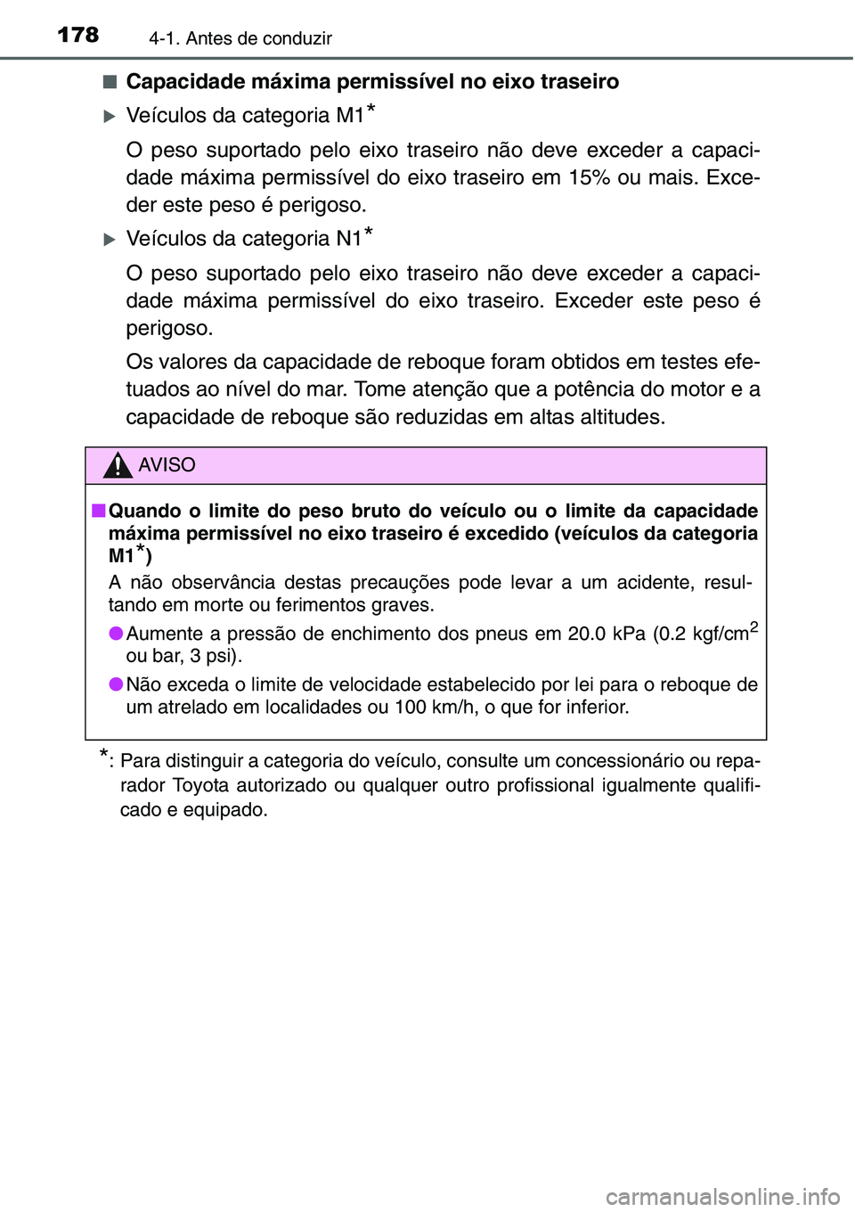 TOYOTA YARIS HATCHBACK 2015  Manual de utilização (in Portuguese) 1784-1. Antes de conduzir
■Capacidade máxima permissível no eixo traseiro
�XVeículos da categoria M1*
O peso suportado pelo eixo traseiro não deve exceder a capaci-
dade máxima permissível do 