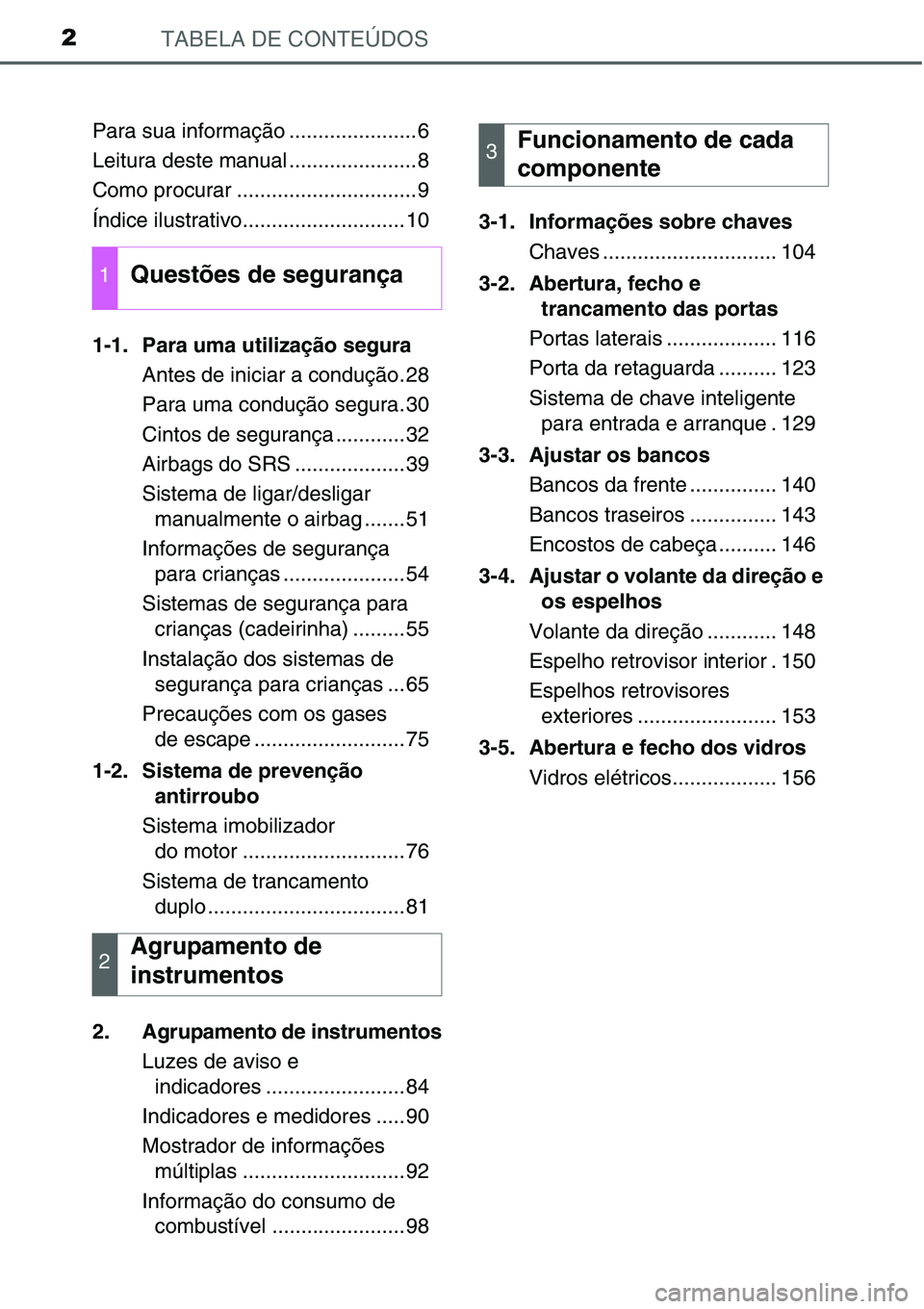 TOYOTA YARIS HATCHBACK 2015  Manual de utilização (in Portuguese) TABELA DE CONTEÚDOS2
Para sua informação ......................6
Leitura deste manual ......................8
Como procurar ...............................9
Índice ilustrativo.....................
