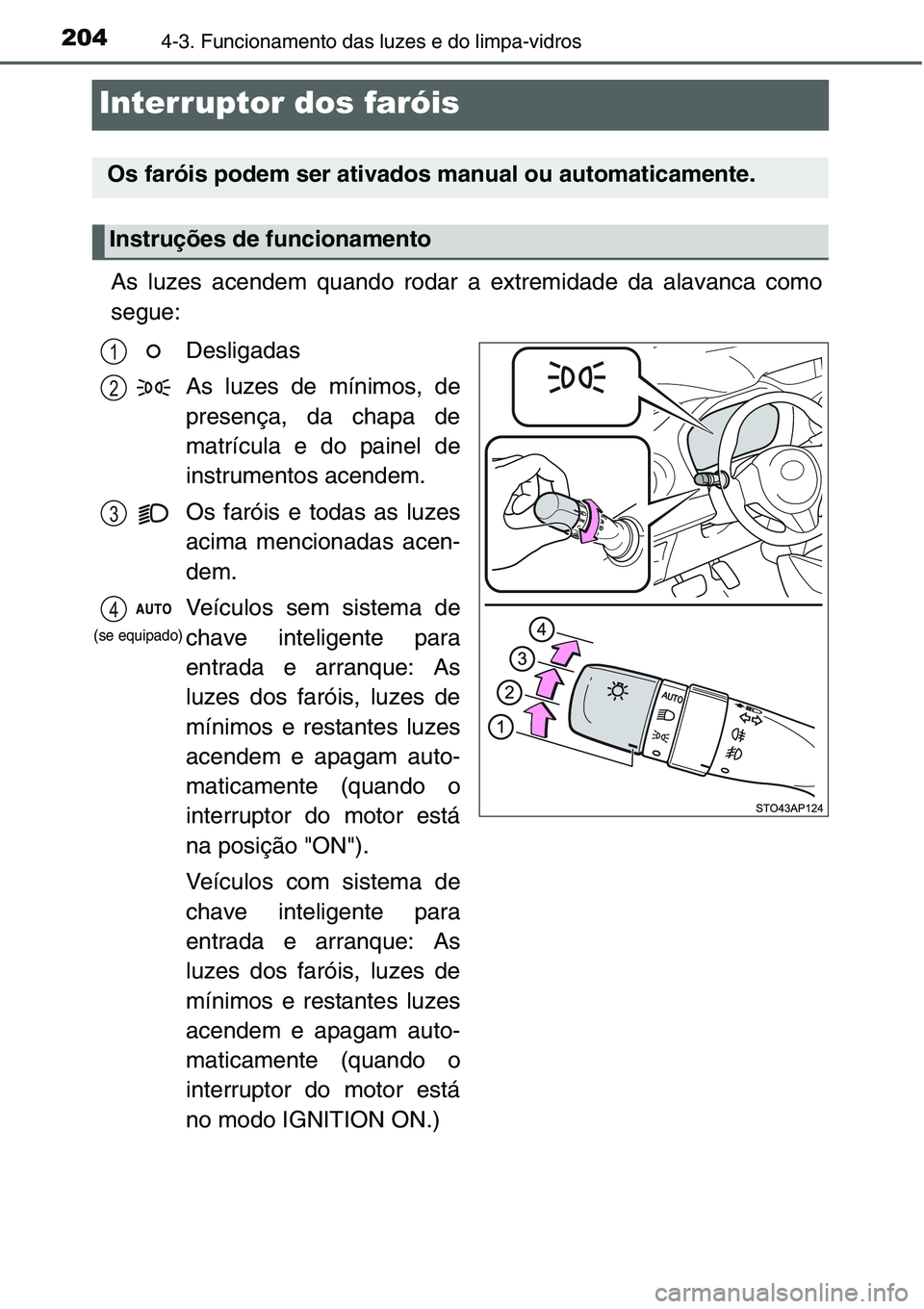TOYOTA YARIS HATCHBACK 2015 Manual de utilização (in Portuguese) 2044-3. Funcionamento das luzes e do limpa-vidros
Interruptor dos faróis
As luzes acendem quando rodar a extremidade da alavanca como
segue:
Desligadas
As luzes de mínimos, de
presença, da chapa de TOYOTA YARIS HATCHBACK 2015 Manual de utilização (in Portuguese) 2044-3. Funcionamento das luzes e do limpa-vidros
Interruptor dos faróis
As luzes acendem quando rodar a extremidade da alavanca como
segue:
Desligadas
As luzes de mínimos, de
presença, da chapa de
