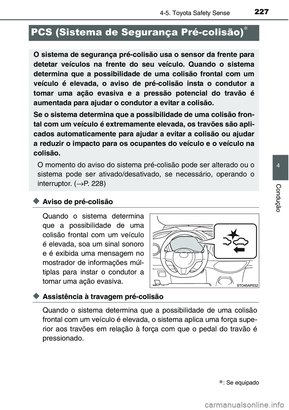 TOYOTA YARIS HATCHBACK 2015  Manual de utilização (in Portuguese) 227
4
4-5. Toyota Safety Sense
Condução
PCS (Sistema de Segurança Pré-colisão)∗
◆Aviso de pré-colisão
Quando o sistema determina
que a possibilidade de uma
colisão frontal com um veículo
