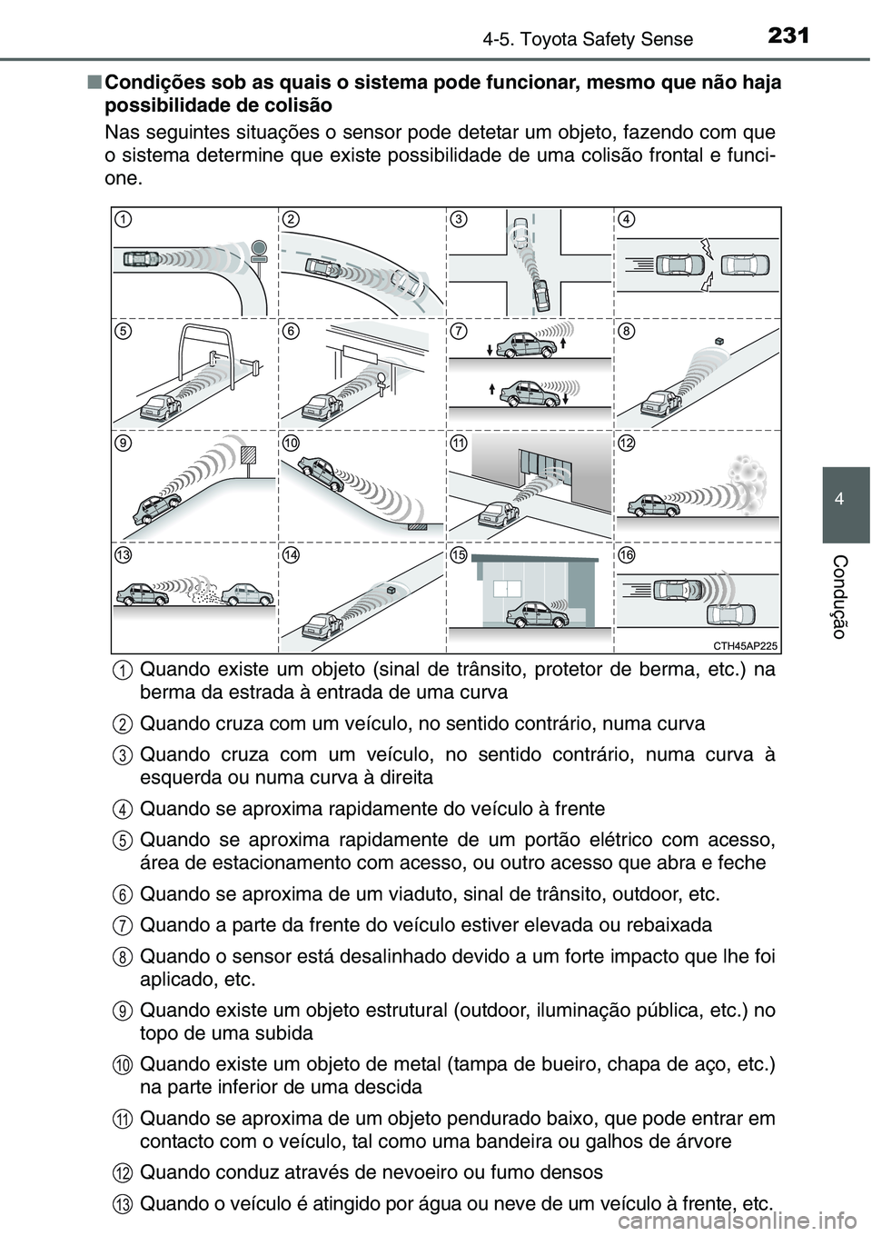 TOYOTA YARIS HATCHBACK 2015  Manual de utilização (in Portuguese) 2314-5. Toyota Safety Sense
4
Condução
■Condições sob as quais o sistema pode funcionar, mesmo que não haja
possibilidade de colisão
Nas seguintes situações o sensor pode detetar um objeto, 