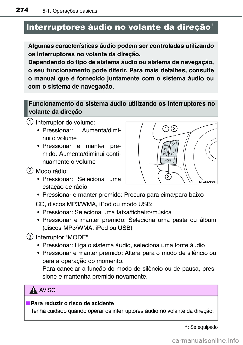 TOYOTA YARIS HATCHBACK 2015 Manual de utilização (in Portuguese) 2745-1. Operações básicas
Interruptores áudio no volante da direção∗
Interruptor do volume:
• Pressionar: Aumenta/dimi-
nui o volume
• Pressionar e manter pre-
mido: Aumenta/diminui conti- TOYOTA YARIS HATCHBACK 2015 Manual de utilização (in Portuguese) 2745-1. Operações básicas
Interruptores áudio no volante da direção∗
Interruptor do volume:
• Pressionar: Aumenta/dimi-
nui o volume
• Pressionar e manter pre-
mido: Aumenta/diminui conti-