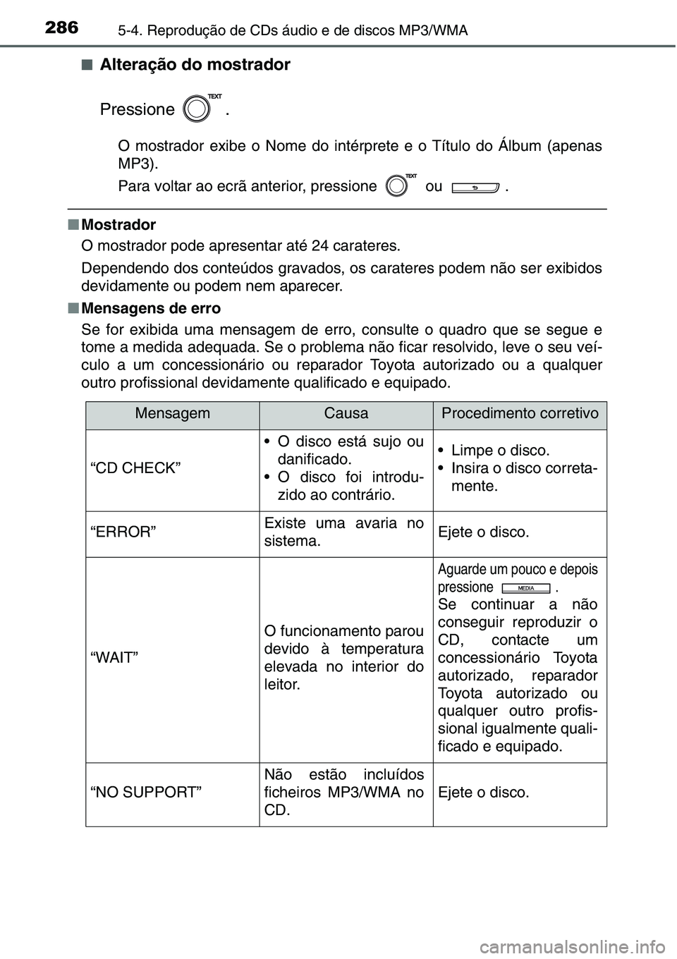 TOYOTA YARIS HATCHBACK 2015 Manual de utilização (in Portuguese) 2865-4. Reprodução de CDs áudio e de discos MP3/WMA
■Alteração do mostrador
Pressione .
O mostrador exibe o Nome do intérprete e o Título do Álbum (apenas
MP3).
Para voltar ao ecrã anterior TOYOTA YARIS HATCHBACK 2015 Manual de utilização (in Portuguese) 2865-4. Reprodução de CDs áudio e de discos MP3/WMA
■Alteração do mostrador
Pressione .
O mostrador exibe o Nome do intérprete e o Título do Álbum (apenas
MP3).
Para voltar ao ecrã anterior