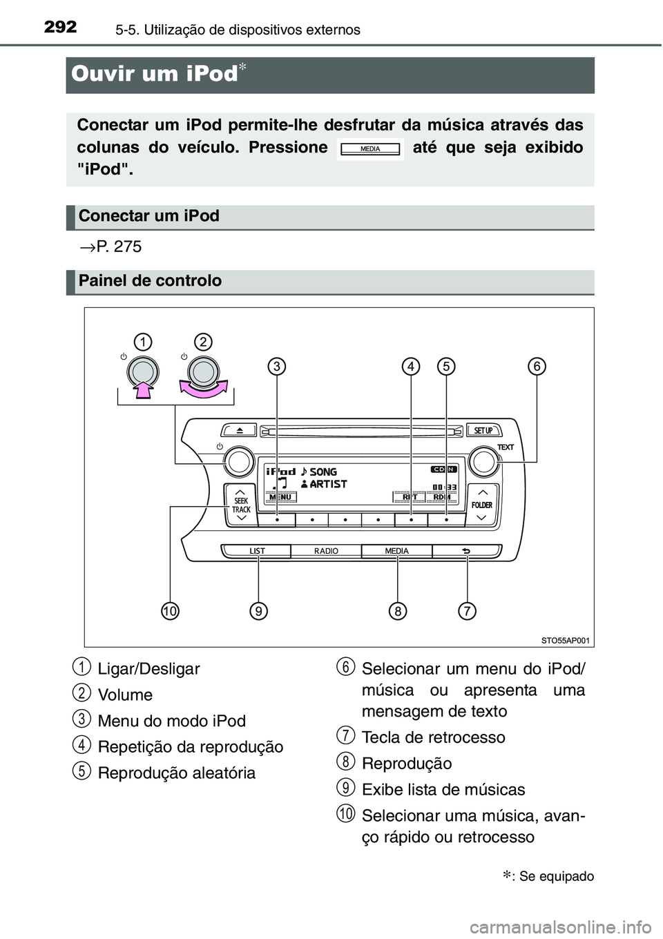 TOYOTA YARIS HATCHBACK 2015 Manual de utilização (in Portuguese) 2925-5. Utilização de dispositivos externos
Ouvir um iPod∗
→P. 275
∗: Se equipado
Conectar um iPod permite-lhe desfrutar da música através das
colunas do veículo. Pressione até que seja TOYOTA YARIS HATCHBACK 2015 Manual de utilização (in Portuguese) 2925-5. Utilização de dispositivos externos
Ouvir um iPod∗
→P. 275
∗: Se equipado
Conectar um iPod permite-lhe desfrutar da música através das
colunas do veículo. Pressione até que seja