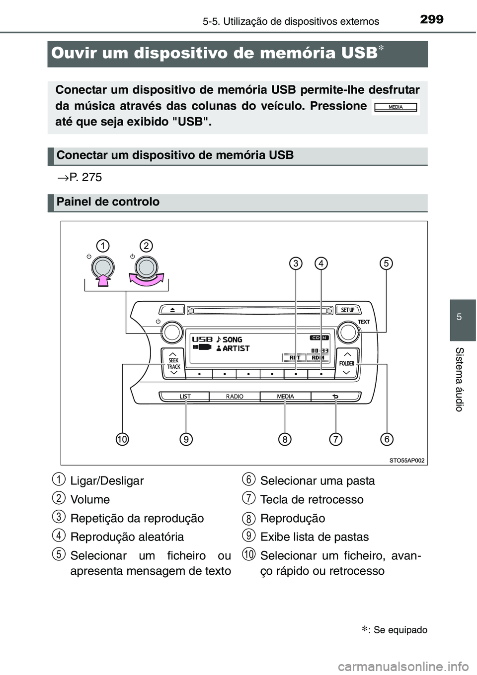 TOYOTA YARIS HATCHBACK 2015 Manual de utilização (in Portuguese) 299
5
5-5. Utilização de dispositivos externos
Sistema áudio
Ouvir um dispositivo de memória USB∗
→P. 275
∗: Se equipado
Conectar um dispositivo de memória USB permite-lhe desfrutar
da mús TOYOTA YARIS HATCHBACK 2015 Manual de utilização (in Portuguese) 299
5
5-5. Utilização de dispositivos externos
Sistema áudio
Ouvir um dispositivo de memória USB∗
→P. 275
∗: Se equipado
Conectar um dispositivo de memória USB permite-lhe desfrutar
da mús