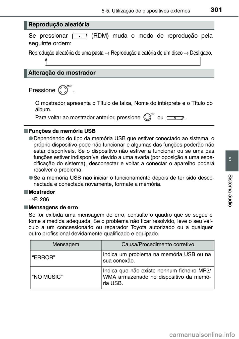 TOYOTA YARIS HATCHBACK 2015 Manual de utilização (in Portuguese) 3015-5. Utilização de dispositivos externos
5
Sistema áudio
Se pressionar (RDM) muda o modo de reprodução pela
seguinte ordem:
Reprodução aleatória de uma pasta → Reprodução aleatória d TOYOTA YARIS HATCHBACK 2015 Manual de utilização (in Portuguese) 3015-5. Utilização de dispositivos externos
5
Sistema áudio
Se pressionar (RDM) muda o modo de reprodução pela
seguinte ordem:
Reprodução aleatória de uma pasta → Reprodução aleatória d