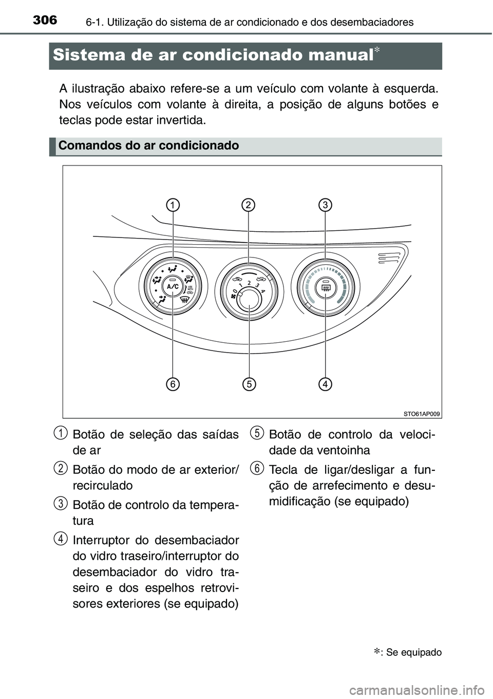 TOYOTA YARIS HATCHBACK 2015 Manual de utilização (in Portuguese) 3066-1. Utilização do sistema de ar condicionado e dos desembaciadores
Sistema de ar condicionado manual∗
A ilustração abaixo refere-se a um veículo com volante à esquerda.
Nos veículos com v TOYOTA YARIS HATCHBACK 2015 Manual de utilização (in Portuguese) 3066-1. Utilização do sistema de ar condicionado e dos desembaciadores
Sistema de ar condicionado manual∗
A ilustração abaixo refere-se a um veículo com volante à esquerda.
Nos veículos com v