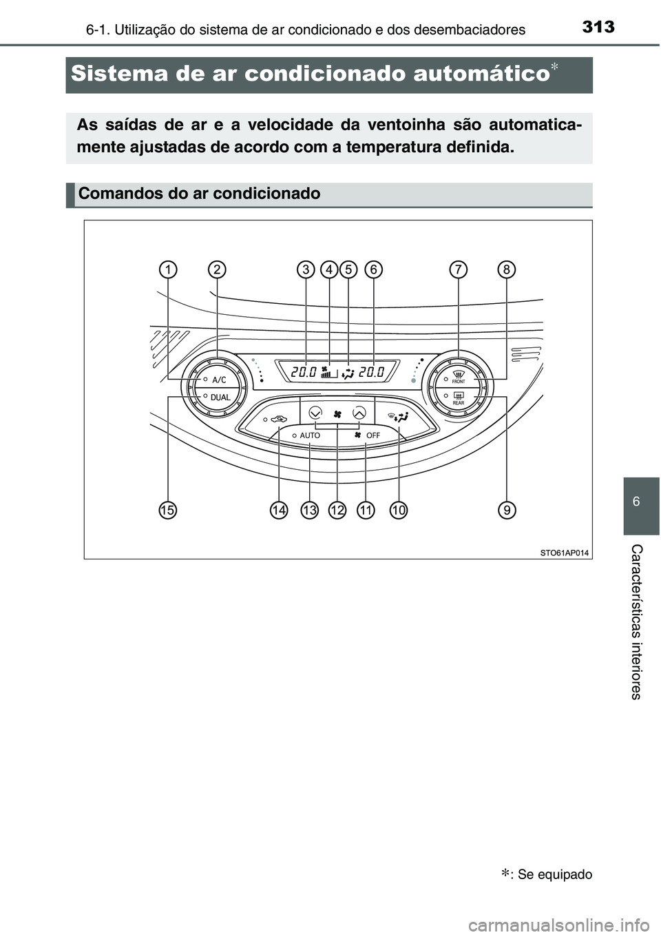 TOYOTA YARIS HATCHBACK 2015  Manual de utilização (in Portuguese) 3136-1. Utilização do sistema de ar condicionado e dos desembaciadores
6
Características interiores
Sistema de ar condicionado automático∗
∗: Se equipado
As saídas de ar e a velocidade da ven