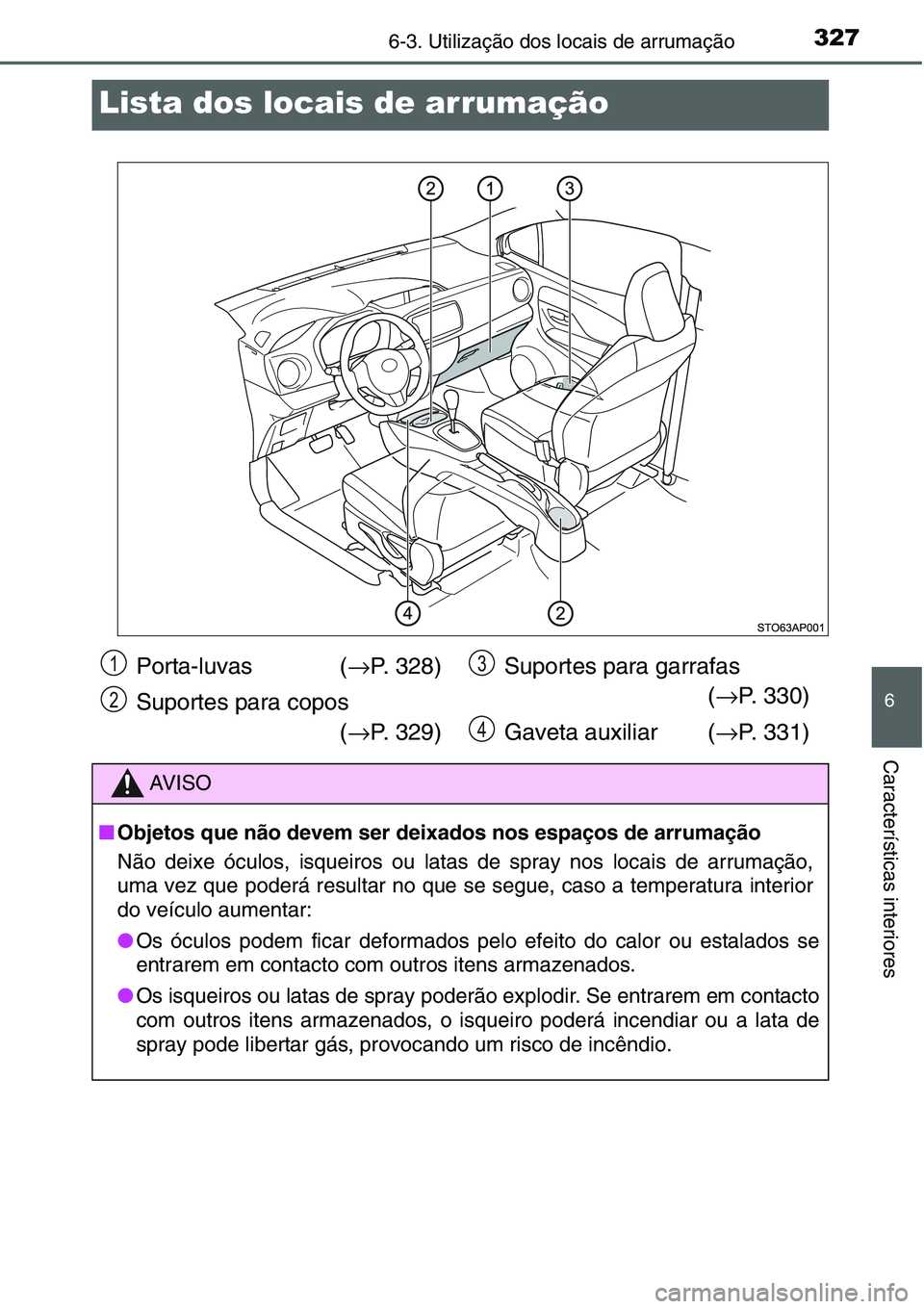TOYOTA YARIS HATCHBACK 2015  Manual de utilização (in Portuguese) 3276-3. Utilização dos locais de arrumação
6
Características interiores
Lista dos locais de arrumação
Porta-luvas  (→P. 328)
Suportes para copos
 (→P. 329)Suportes para garrafas
(→P. 330)