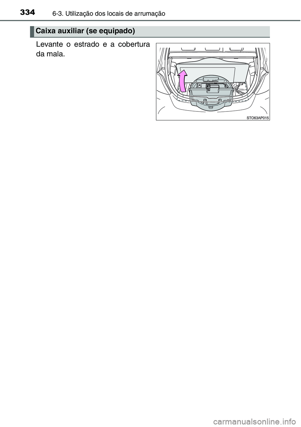 TOYOTA YARIS HATCHBACK 2015  Manual de utilização (in Portuguese) 3346-3. Utilização dos locais de arrumação
Levante o estrado e a cobertura
da mala.
Caixa auxiliar (se equipado) 