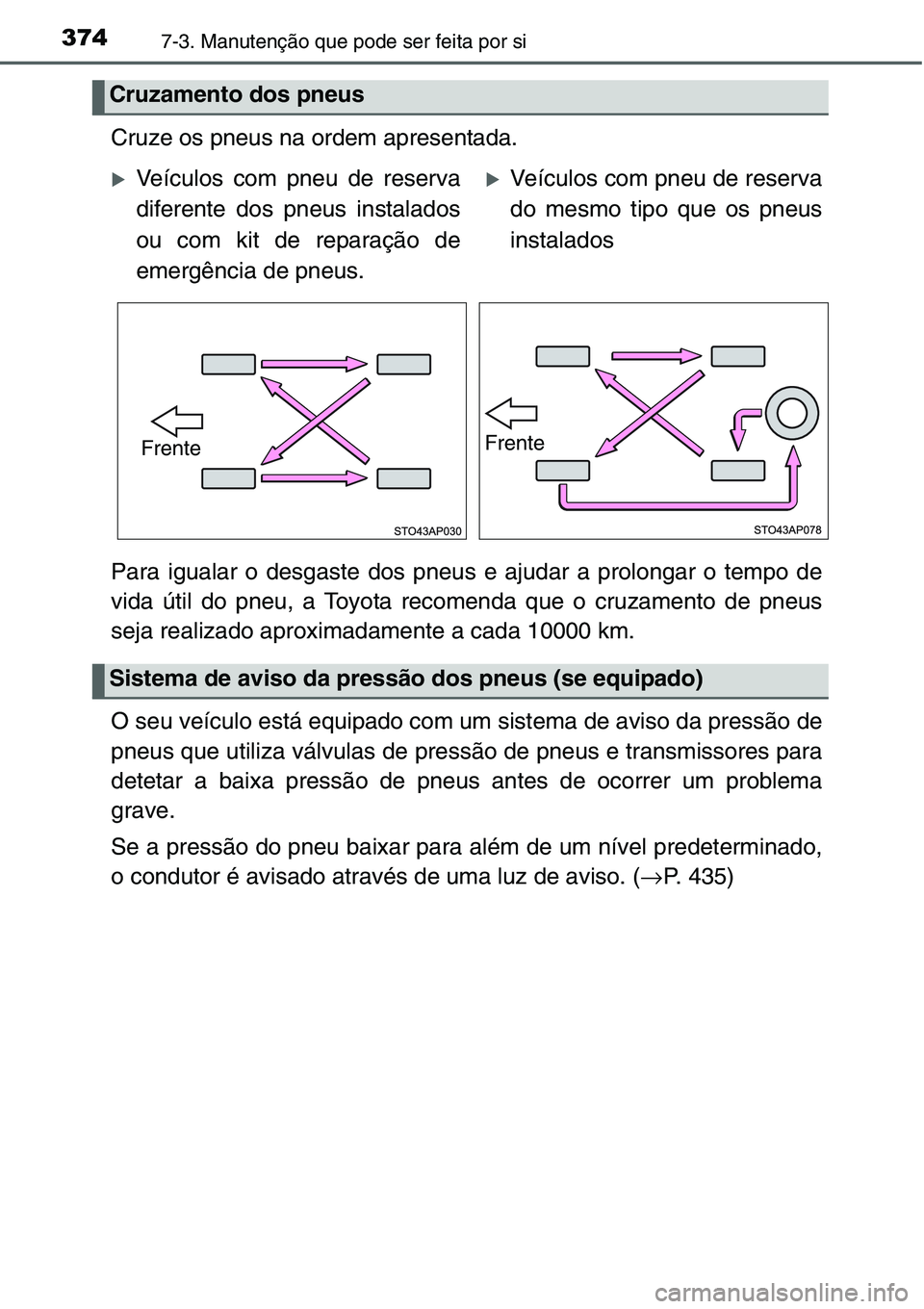 TOYOTA YARIS HATCHBACK 2015 Manual de utilização (in Portuguese) 3747-3. Manutenção que pode ser feita por si
Cruze os pneus na ordem apresentada.
Para igualar o desgaste dos pneus e ajudar a prolongar o tempo de
vida útil do pneu, a Toyota recomenda que o cruza TOYOTA YARIS HATCHBACK 2015 Manual de utilização (in Portuguese) 3747-3. Manutenção que pode ser feita por si
Cruze os pneus na ordem apresentada.
Para igualar o desgaste dos pneus e ajudar a prolongar o tempo de
vida útil do pneu, a Toyota recomenda que o cruza