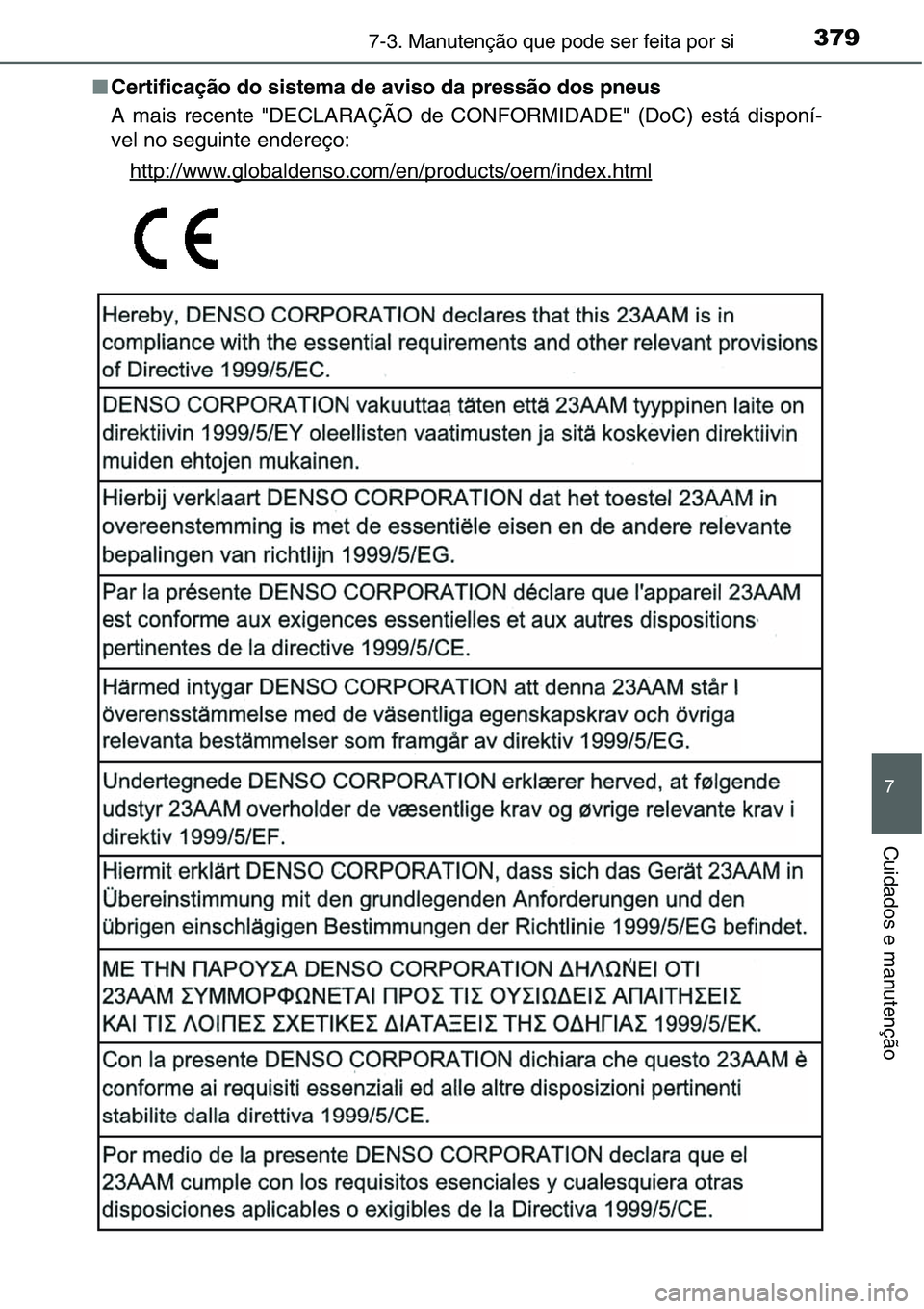 TOYOTA YARIS HATCHBACK 2015 Manual de utilização (in Portuguese) 3797-3. Manutenção que pode ser feita por si
7
Cuidados e manutenção
■Certificação do sistema de aviso da pressão dos pneus
A mais recente "DECLARAÇÃO de CONFORMIDADE" (DoC) está d TOYOTA YARIS HATCHBACK 2015 Manual de utilização (in Portuguese) 3797-3. Manutenção que pode ser feita por si
7
Cuidados e manutenção
■Certificação do sistema de aviso da pressão dos pneus
A mais recente "DECLARAÇÃO de CONFORMIDADE" (DoC) está d
