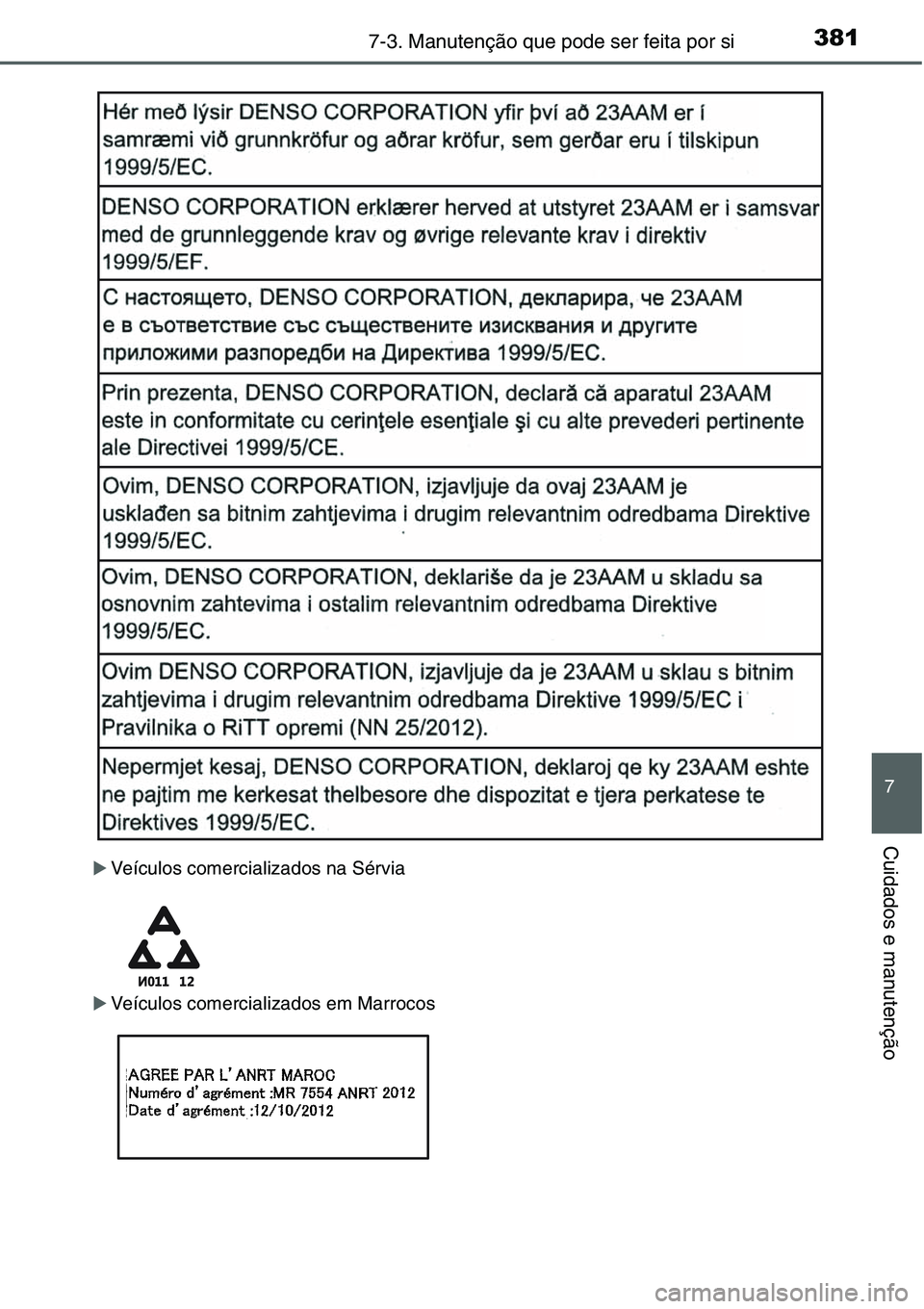 TOYOTA YARIS HATCHBACK 2015  Manual de utilização (in Portuguese) 3817-3. Manutenção que pode ser feita por si
7
Cuidados e manutenção
�XVeículos comercializados na Sérvia
�XVeículos comercializados em Marrocos 