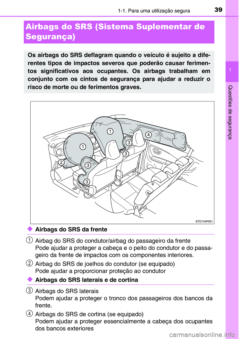 TOYOTA YARIS HATCHBACK 2015 Manual de utilização (in Portuguese) 391-1. Para uma utilização segura
1
Questões de segurança
Airbags do SRS (Sistema Suplementar de
Segurança)
◆Airbags do SRS da frente
Airbag do SRS do condutor/airbag do passageiro da frente
P TOYOTA YARIS HATCHBACK 2015 Manual de utilização (in Portuguese) 391-1. Para uma utilização segura
1
Questões de segurança
Airbags do SRS (Sistema Suplementar de
Segurança)
◆Airbags do SRS da frente
Airbag do SRS do condutor/airbag do passageiro da frente
P