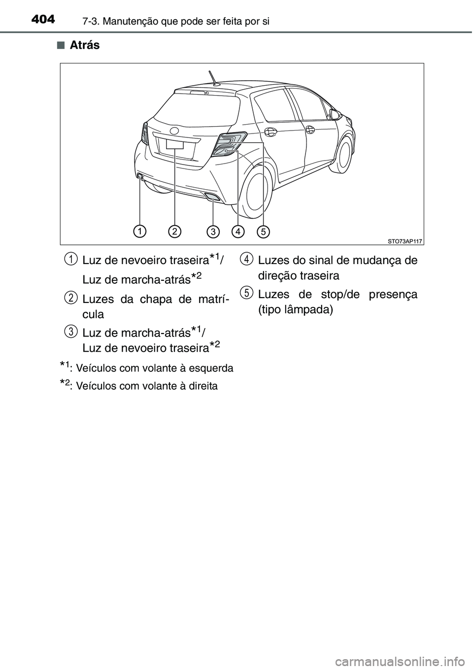 TOYOTA YARIS HATCHBACK 2015  Manual de utilização (in Portuguese) 4047-3. Manutenção que pode ser feita por si
■Atrás
*1: Veículos com volante à esquerda
*2: Veículos com volante à direita
Luz de nevoeiro traseira*1/
Luz de marcha-atrás
*2
Luzes da chapa d
