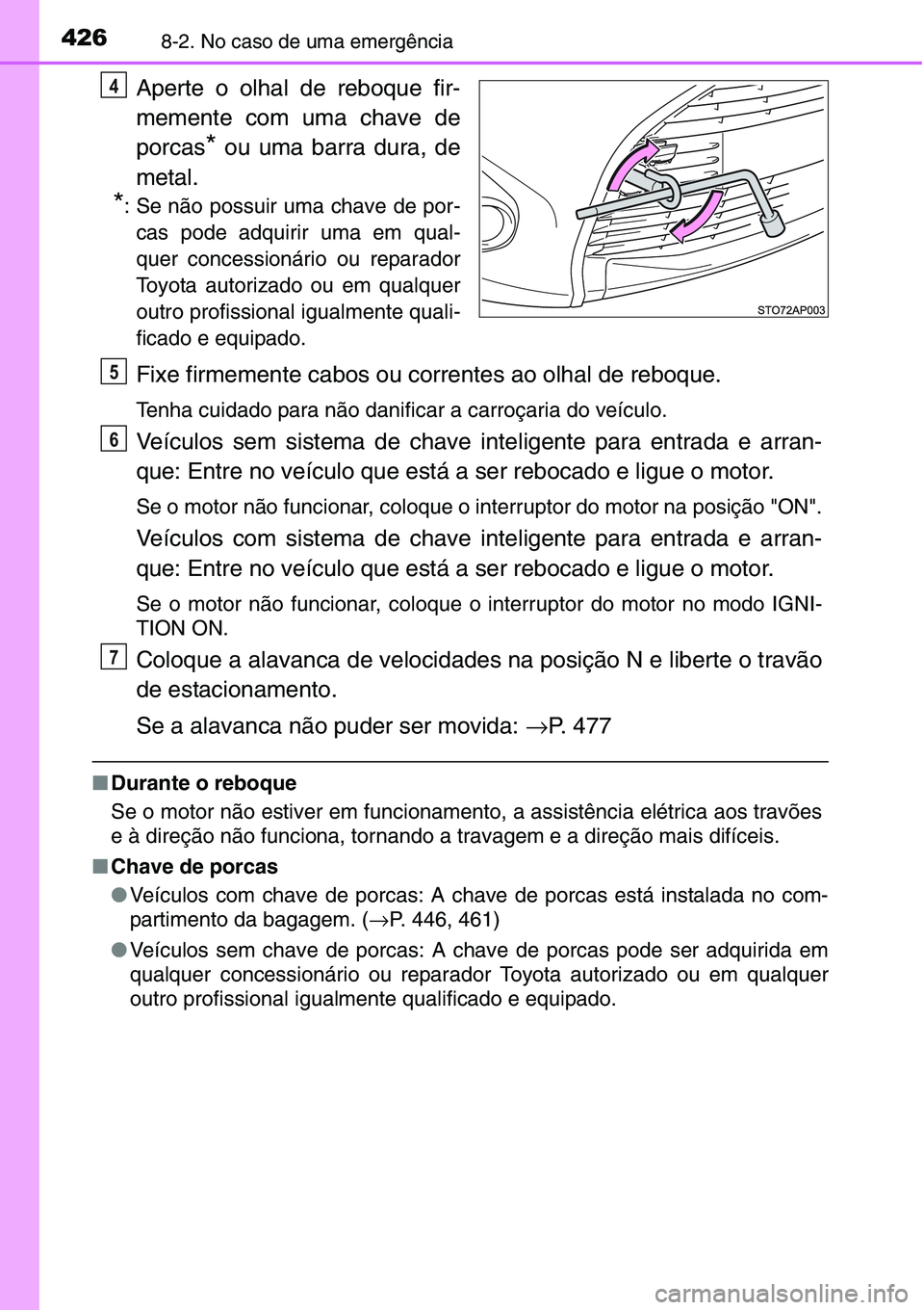TOYOTA YARIS HATCHBACK 2015 Manual de utilização (in Portuguese) 4268-2. No caso de uma emergência
Aperte o olhal de reboque fir-
memente com uma chave de
porcas
* ou uma barra dura, de
metal.
*: Se não possuir uma chave de por-
cas pode adquirir uma em qual-
que TOYOTA YARIS HATCHBACK 2015 Manual de utilização (in Portuguese) 4268-2. No caso de uma emergência
Aperte o olhal de reboque fir-
memente com uma chave de
porcas
* ou uma barra dura, de
metal.
*: Se não possuir uma chave de por-
cas pode adquirir uma em qual-
que