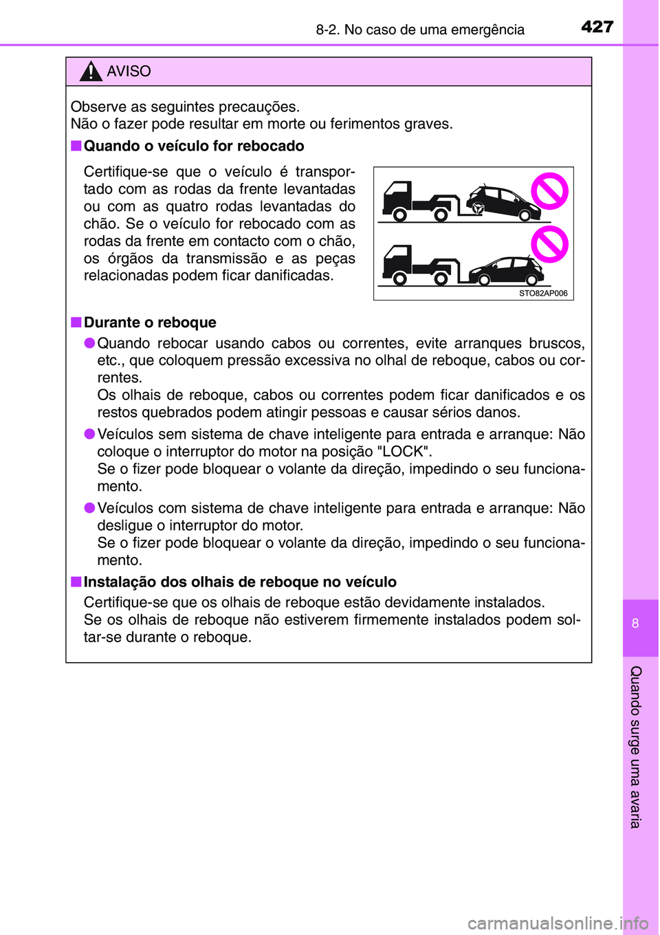 TOYOTA YARIS HATCHBACK 2015 Manual de utilização (in Portuguese) 4278-2. No caso de uma emergência
8
Quando surge uma avaria
AV I S O
Observe as seguintes precauções.
Não o fazer pode resultar em morte ou ferimentos graves.
■Quando o veículo for rebocado
■ TOYOTA YARIS HATCHBACK 2015 Manual de utilização (in Portuguese) 4278-2. No caso de uma emergência
8
Quando surge uma avaria
AV I S O
Observe as seguintes precauções.
Não o fazer pode resultar em morte ou ferimentos graves.
■Quando o veículo for rebocado
■