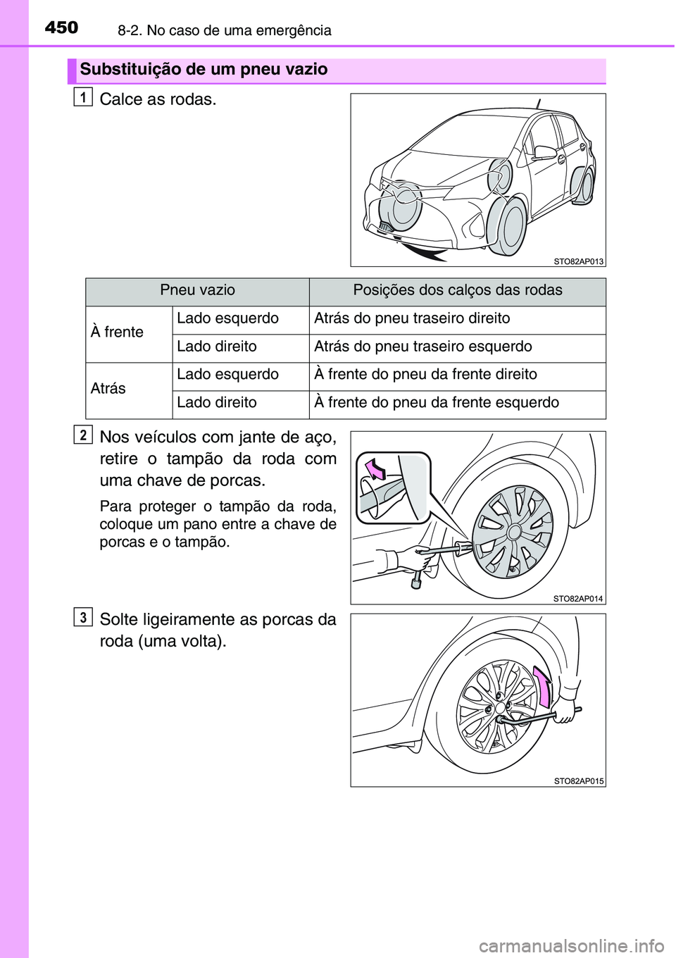 TOYOTA YARIS HATCHBACK 2015 Manual de utilização (in Portuguese) 4508-2. No caso de uma emergência
Calce as rodas.
Nos veículos com jante de aço,
retire o tampão da roda com
uma chave de porcas.
Para proteger o tampão da roda,
coloque um pano entre a chave de
TOYOTA YARIS HATCHBACK 2015 Manual de utilização (in Portuguese) 4508-2. No caso de uma emergência
Calce as rodas.
Nos veículos com jante de aço,
retire o tampão da roda com
uma chave de porcas.
Para proteger o tampão da roda,
coloque um pano entre a chave de