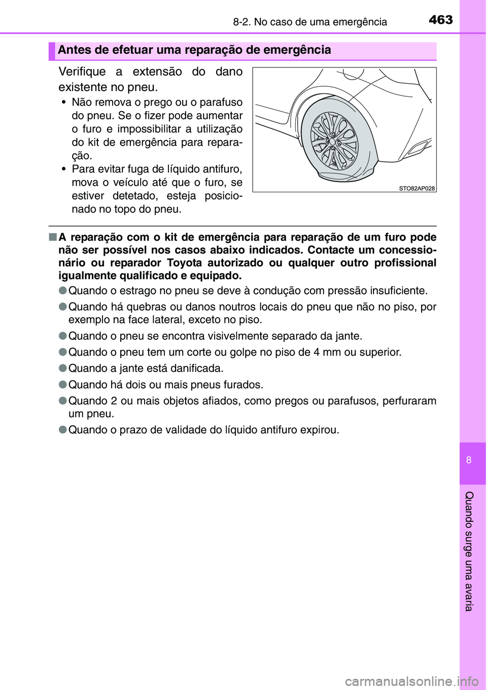TOYOTA YARIS HATCHBACK 2015 Manual de utilização (in Portuguese) 4638-2. No caso de uma emergência
8
Quando surge uma avaria
Verifique a extensão do dano
existente no pneu.
• Não remova o prego ou o parafuso
do pneu. Se o fizer pode aumentar
o furo e impossibi TOYOTA YARIS HATCHBACK 2015 Manual de utilização (in Portuguese) 4638-2. No caso de uma emergência
8
Quando surge uma avaria
Verifique a extensão do dano
existente no pneu.
• Não remova o prego ou o parafuso
do pneu. Se o fizer pode aumentar
o furo e impossibi