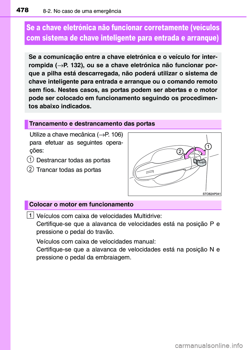 TOYOTA YARIS HATCHBACK 2015 Manual de utilização (in Portuguese) 4788-2. No caso de uma emergência
Se a chave eletrónica não funcionar corretamente (veículos
com sistema de chave inteligente para entrada e arranque)
Utilize a chave mecânica (→P. 106)
para e TOYOTA YARIS HATCHBACK 2015 Manual de utilização (in Portuguese) 4788-2. No caso de uma emergência
Se a chave eletrónica não funcionar corretamente (veículos
com sistema de chave inteligente para entrada e arranque)
Utilize a chave mecânica (→P. 106)
para e