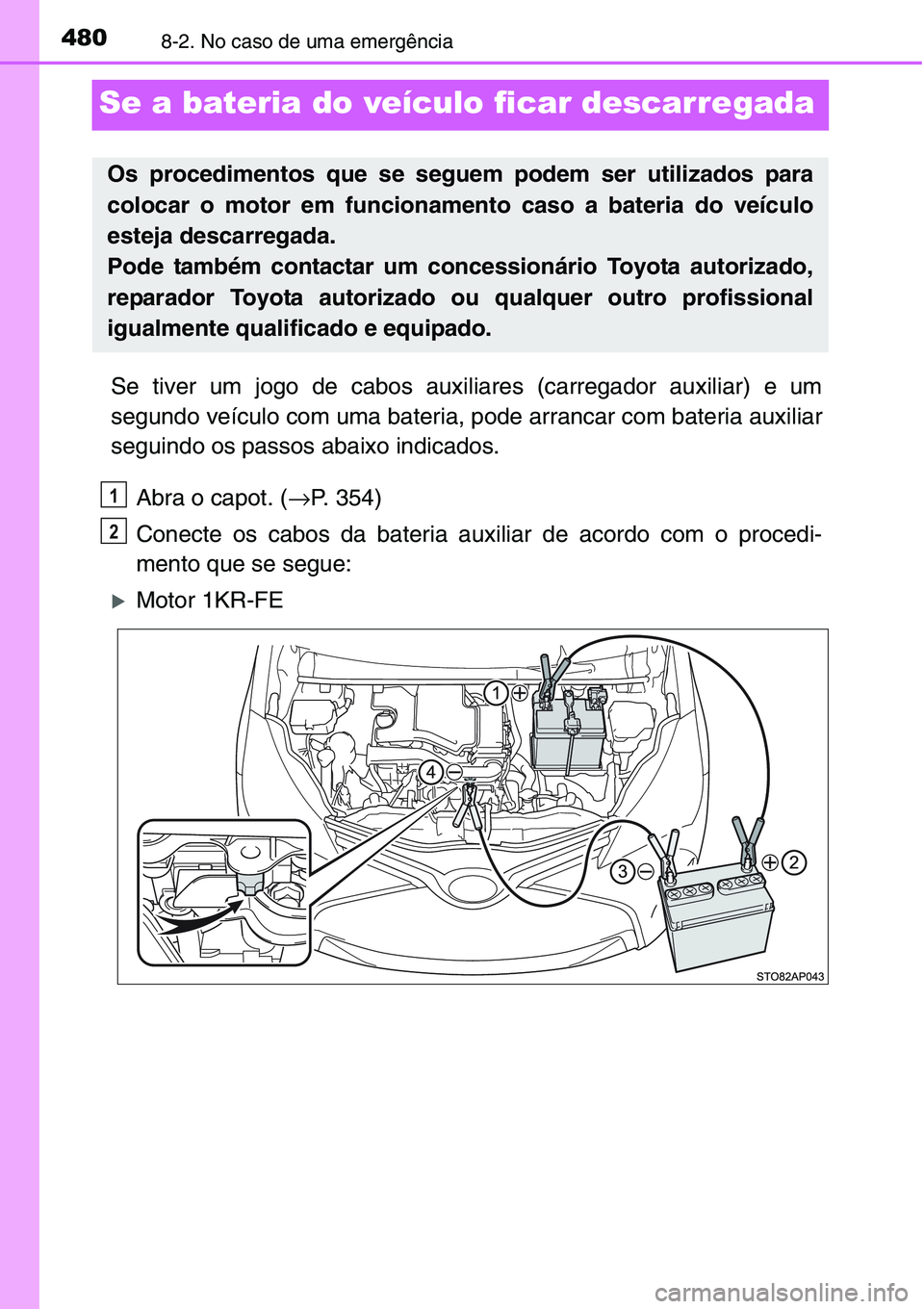 TOYOTA YARIS HATCHBACK 2015  Manual de utilização (in Portuguese) 4808-2. No caso de uma emergência
Se a bateria do veículo ficar descarregada
Se tiver um jogo de cabos auxiliares (carregador auxiliar) e um
segundo veículo com uma bateria, pode arrancar com bater