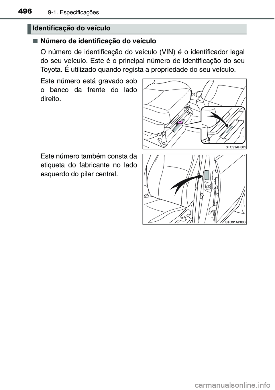 TOYOTA YARIS HATCHBACK 2015 Manual de utilização (in Portuguese) 4969-1. Especificações
■Número de identificação do veículo
O número de identificação do veículo (VIN) é o identificador legal
do seu veículo. Este é o principal número de identificaç TOYOTA YARIS HATCHBACK 2015 Manual de utilização (in Portuguese) 4969-1. Especificações
■Número de identificação do veículo
O número de identificação do veículo (VIN) é o identificador legal
do seu veículo. Este é o principal número de identificaç