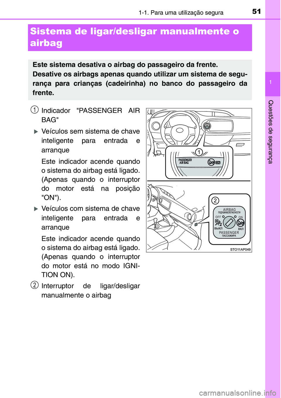 TOYOTA YARIS HATCHBACK 2015  Manual de utilização (in Portuguese) 511-1. Para uma utilização segura
1
Questões de segurança
Sistema de ligar/desligar manualmente o 
airbag
Indicador "PASSENGER AIR
BAG"
�XVeículos sem sistema de chave
inteligente para en