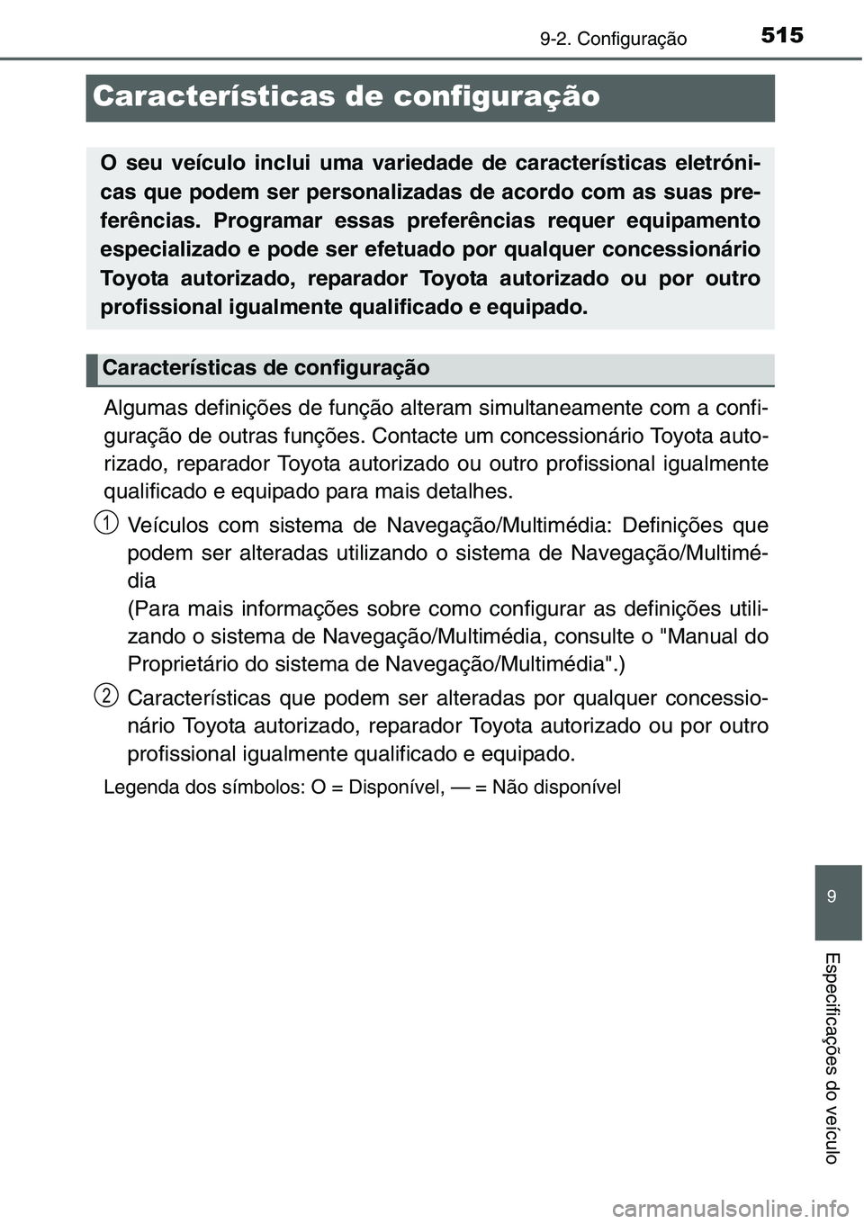 TOYOTA YARIS HATCHBACK 2015  Manual de utilização (in Portuguese) 5159-2. Configuração
9
Especificações do veículo
Características de configuração
Algumas definições de função alteram simultaneamente com a confi-
guração de outras funções. Contacte u