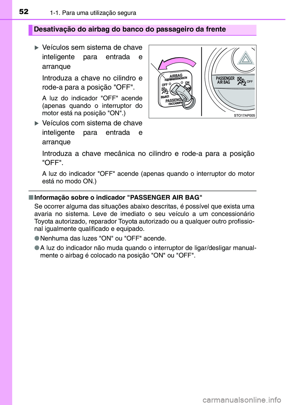 TOYOTA YARIS HATCHBACK 2015  Manual de utilização (in Portuguese) 521-1. Para uma utilização segura
�XVeículos sem sistema de chave
inteligente para entrada e
arranque
Introduza a chave no cilindro e
rode-a para a posição "OFF".
A luz do indicador "