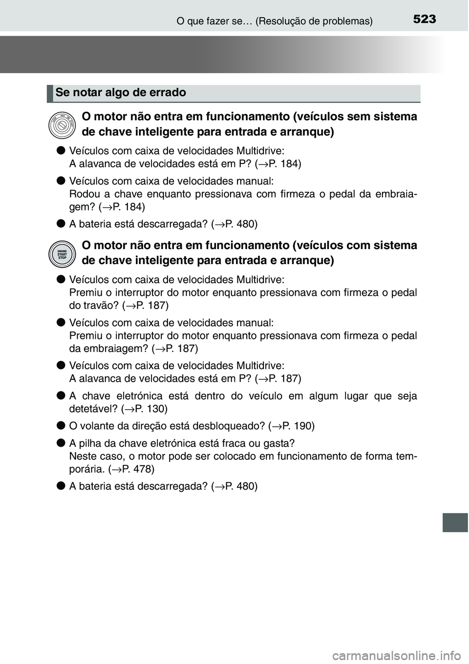 TOYOTA YARIS HATCHBACK 2015 Manual de utilização (in Portuguese) 523O que fazer se… (Resolução de problemas)
●Veículos com caixa de velocidades Multidrive:
A alavanca de velocidades está em P? (→P. 184)
●Veículos com caixa de velocidades manual:
Rodo TOYOTA YARIS HATCHBACK 2015 Manual de utilização (in Portuguese) 523O que fazer se… (Resolução de problemas)
●Veículos com caixa de velocidades Multidrive:
A alavanca de velocidades está em P? (→P. 184)
●Veículos com caixa de velocidades manual:
Rodo