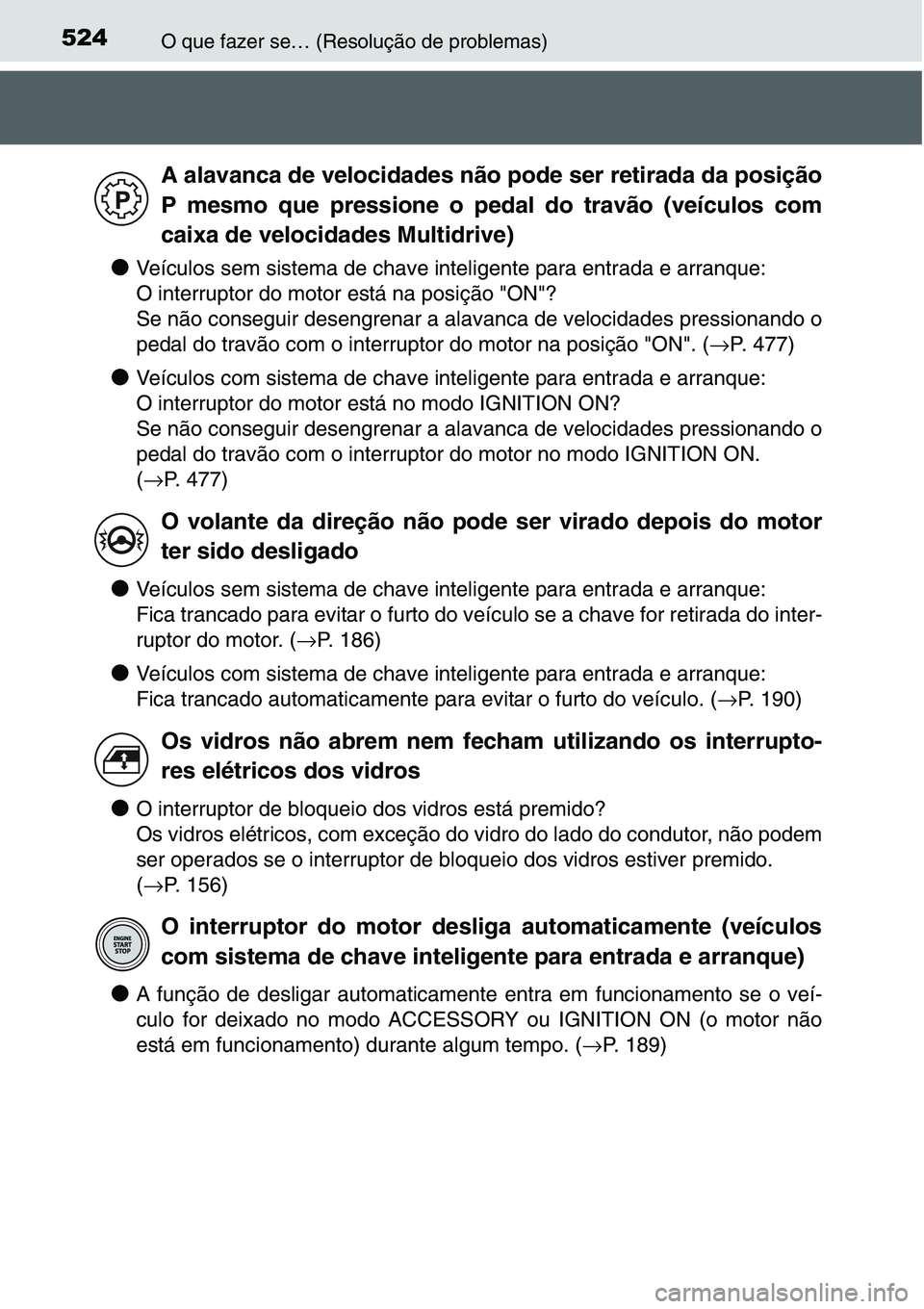 TOYOTA YARIS HATCHBACK 2015 Manual de utilização (in Portuguese) 524O que fazer se… (Resolução de problemas)
●Veículos sem sistema de chave inteligente para entrada e arranque:
O interruptor do motor está na posição "ON"?
Se não conseguir desengr TOYOTA YARIS HATCHBACK 2015 Manual de utilização (in Portuguese) 524O que fazer se… (Resolução de problemas)
●Veículos sem sistema de chave inteligente para entrada e arranque:
O interruptor do motor está na posição "ON"?
Se não conseguir desengr