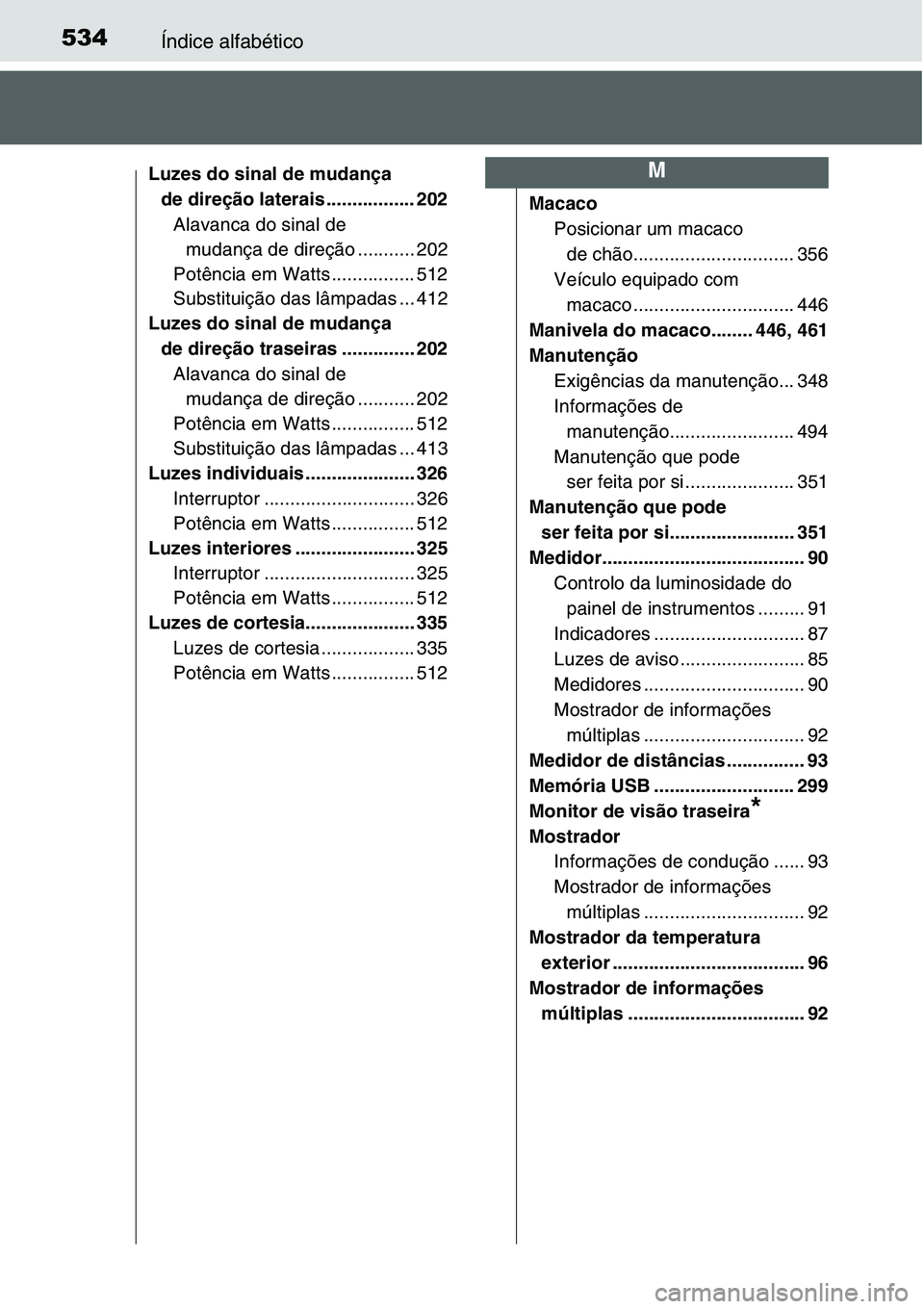 TOYOTA YARIS HATCHBACK 2015 Manual de utilização (in Portuguese) 534Índice alfabético
Luzes do sinal de mudança
de direção laterais ................. 202
Alavanca do sinal de
mudança de direção ........... 202
Potência em Watts ................ 512
Subst TOYOTA YARIS HATCHBACK 2015 Manual de utilização (in Portuguese) 534Índice alfabético
Luzes do sinal de mudança
de direção laterais ................. 202
Alavanca do sinal de
mudança de direção ........... 202
Potência em Watts ................ 512
Subst