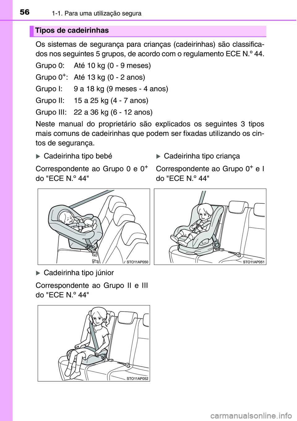 TOYOTA YARIS HATCHBACK 2015  Manual de utilização (in Portuguese) 561-1. Para uma utilização segura
Os sistemas de segurança para crianças (cadeirinhas) são classifica-
dos nos seguintes 5 grupos, de acordo com o regulamento ECE N.º 44.
Grupo 0: Até 10 kg (0 