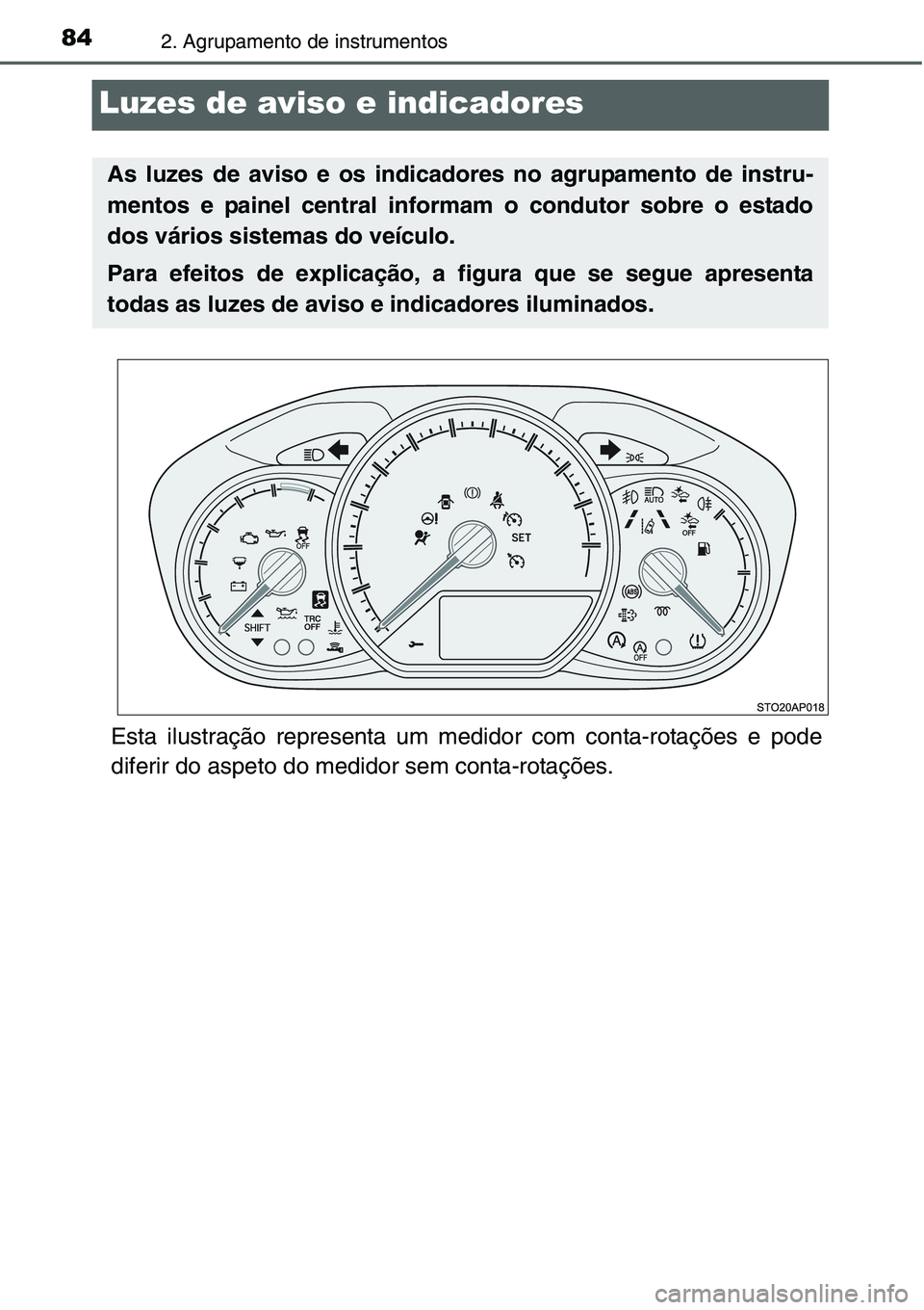 TOYOTA YARIS HATCHBACK 2015 Manual de utilização (in Portuguese) 842. Agrupamento de instrumentos
Luzes de aviso e indicadores
Esta ilustração representa um medidor com conta-rotações e pode
diferir do aspeto do medidor sem conta-rotações.
As luzes de aviso e TOYOTA YARIS HATCHBACK 2015 Manual de utilização (in Portuguese) 842. Agrupamento de instrumentos
Luzes de aviso e indicadores
Esta ilustração representa um medidor com conta-rotações e pode
diferir do aspeto do medidor sem conta-rotações.
As luzes de aviso e