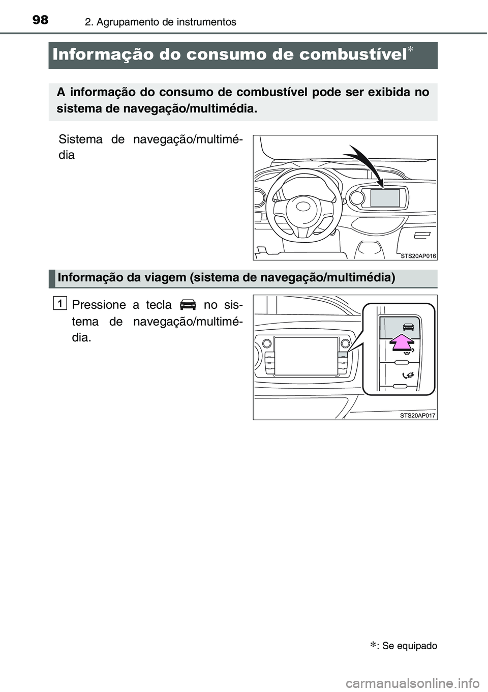 TOYOTA YARIS HATCHBACK 2015 Manual de utilização (in Portuguese) 982. Agrupamento de instrumentos
Infor mação do consumo de combustível∗
Sistema de navegação/multimé-
dia
Pressione a tecla no sis-
tema de navegação/multimé-
dia.
∗: Se equipado
A info TOYOTA YARIS HATCHBACK 2015 Manual de utilização (in Portuguese) 982. Agrupamento de instrumentos
Infor mação do consumo de combustível∗
Sistema de navegação/multimé-
dia
Pressione a tecla no sis-
tema de navegação/multimé-
dia.
∗: Se equipado
A info