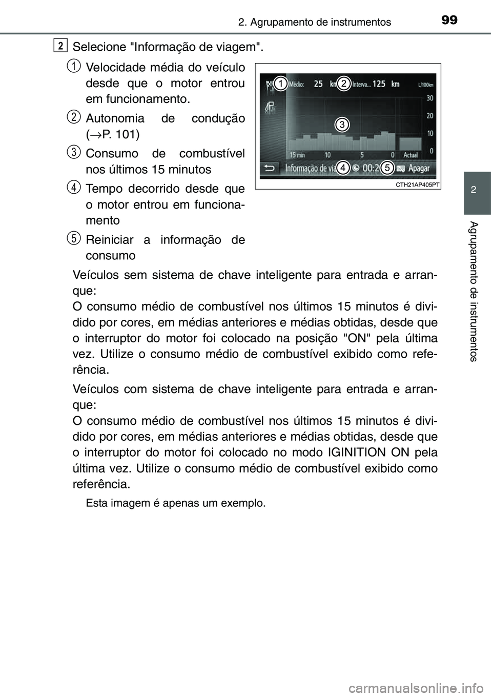 TOYOTA YARIS HATCHBACK 2015 Manual de utilização (in Portuguese) 992. Agrupamento de instrumentos
2
Agrupamento de instrumentos
Selecione "Informação de viagem".
Velocidade média do veículo
desde que o motor entrou
em funcionamento.
Autonomia de conduç TOYOTA YARIS HATCHBACK 2015 Manual de utilização (in Portuguese) 992. Agrupamento de instrumentos
2
Agrupamento de instrumentos
Selecione "Informação de viagem".
Velocidade média do veículo
desde que o motor entrou
em funcionamento.
Autonomia de conduç