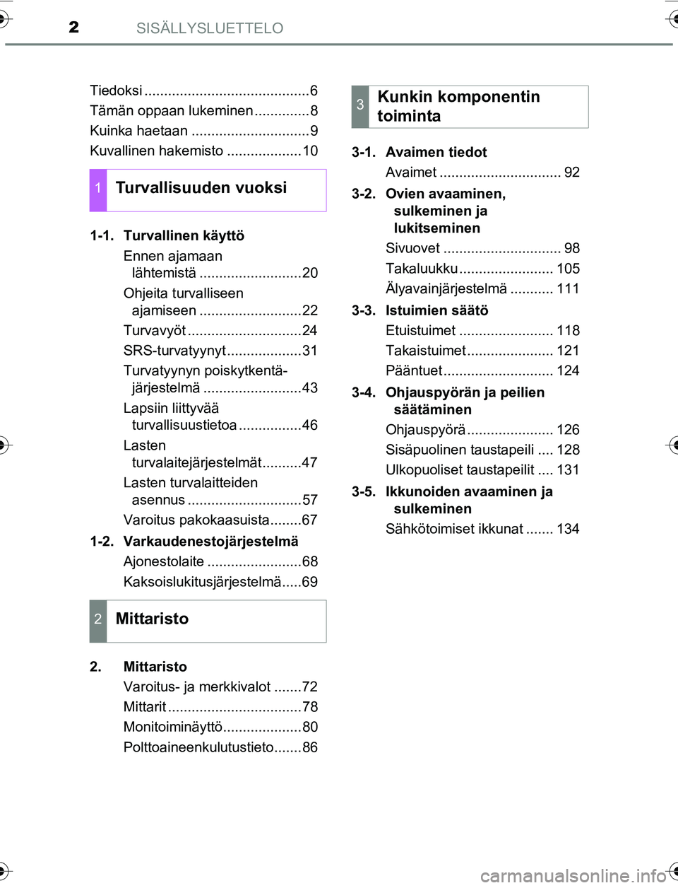 TOYOTA YARIS HATCHBACK 2015  Omistajan Käsikirja (in Finnish) SISÄLLYSLUETTELO2
OM52G04FITiedoksi ..........................................6
Tämän oppaan lukeminen ..............8
Kuinka haetaan ..............................9
Kuvallinen hakemisto ..........