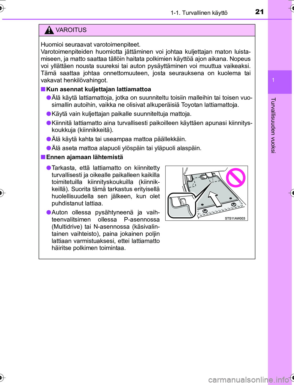TOYOTA YARIS HATCHBACK 2015 Omistajan Käsikirja (in Finnish) 211-1. Turvallinen käyttö
1
Turvallisuuden vuoksi
OM52G04FI
VAROITUS
Huomioi seuraavat varotoimenpiteet.
Varotoimenpiteiden huomiotta jättäminen voi johtaa kuljettajan maton luista-
miseen, ja ma TOYOTA YARIS HATCHBACK 2015 Omistajan Käsikirja (in Finnish) 211-1. Turvallinen käyttö
1
Turvallisuuden vuoksi
OM52G04FI
VAROITUS
Huomioi seuraavat varotoimenpiteet.
Varotoimenpiteiden huomiotta jättäminen voi johtaa kuljettajan maton luista-
miseen, ja ma