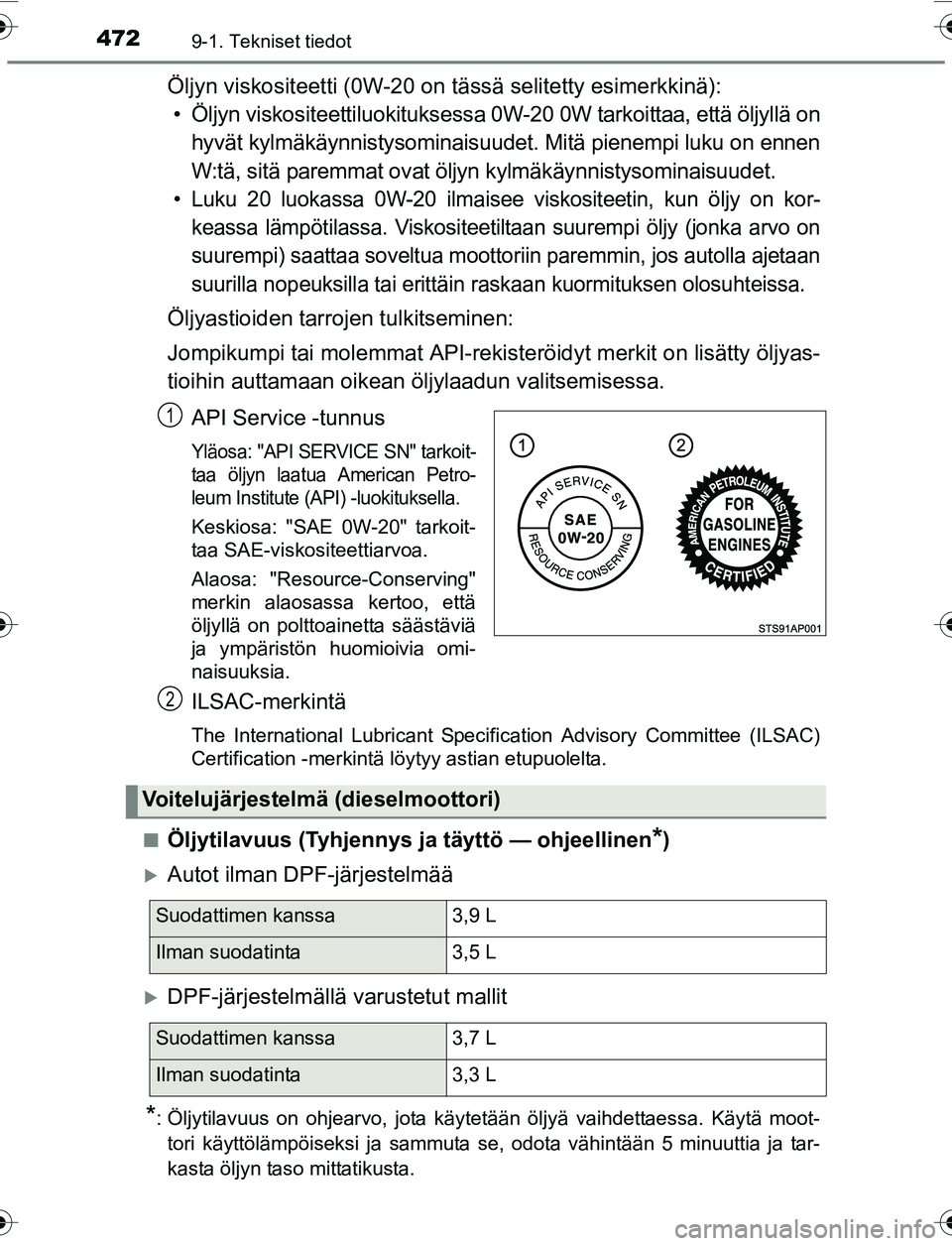 TOYOTA YARIS 2016  Omistajan Käsikirja (in Finnish) 4729-1. Tekniset tiedot
OM52G04FI
Öljyn viskositeetti (0W-20 on tässä selitetty esimerkkinä):
• Öljyn viskositeettiluokituksessa 0W-20 0W tarkoittaa, että öljyllä on hyvät kylmäkäynnistys