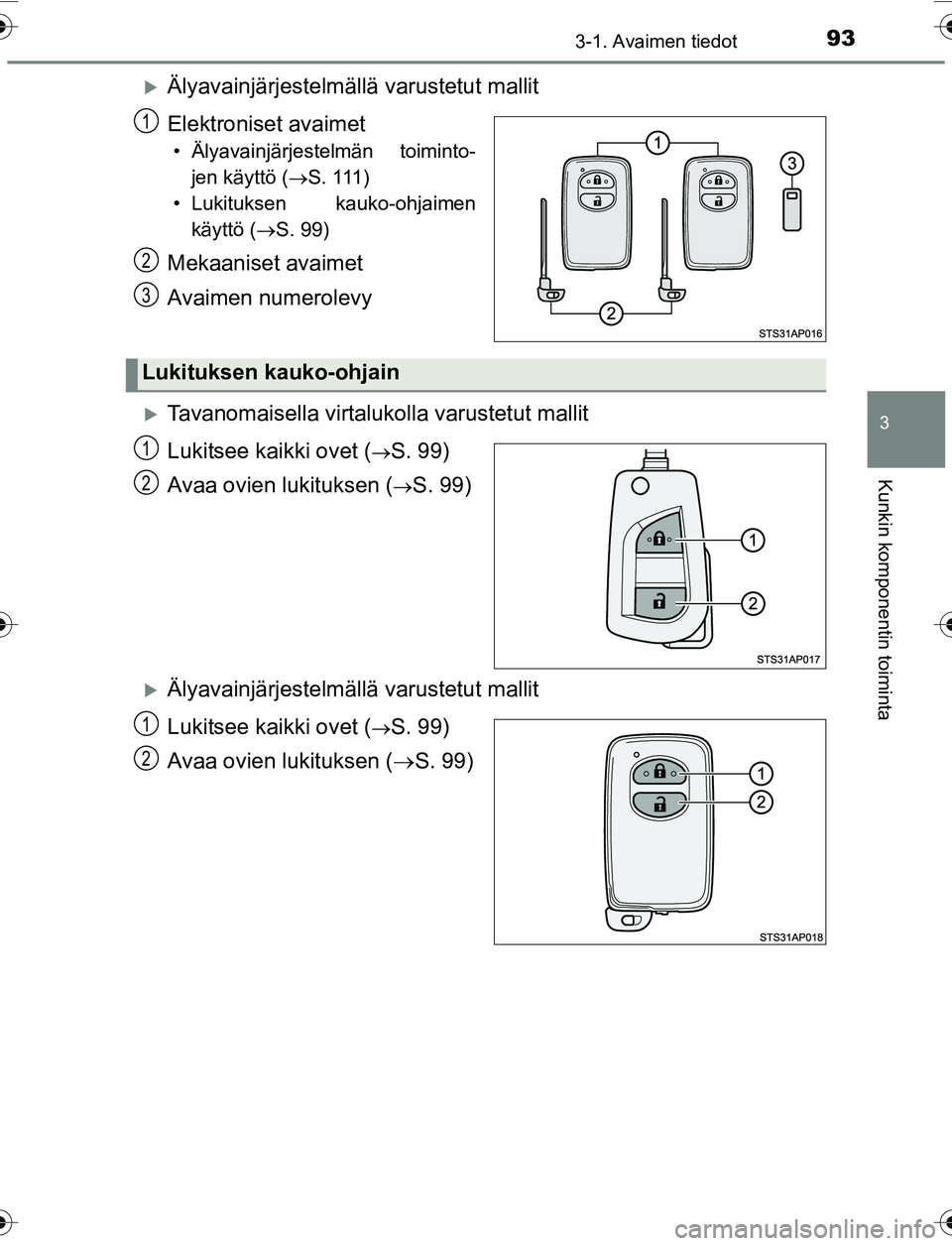 TOYOTA YARIS HATCHBACK 2015 Omistajan Käsikirja (in Finnish) 933-1. Avaimen tiedot
3
Kunkin komponentin toiminta
OM52G04FI
Älyavainjärjestelmällä varustetut mallit
Elektroniset avaimet
• Älyavainjärjestelmän toiminto-jen käyttö ( S. 111)
• Lu TOYOTA YARIS HATCHBACK 2015 Omistajan Käsikirja (in Finnish) 933-1. Avaimen tiedot
3
Kunkin komponentin toiminta
OM52G04FI
Älyavainjärjestelmällä varustetut mallit
Elektroniset avaimet
• Älyavainjärjestelmän toiminto-jen käyttö ( S. 111)
• Lu