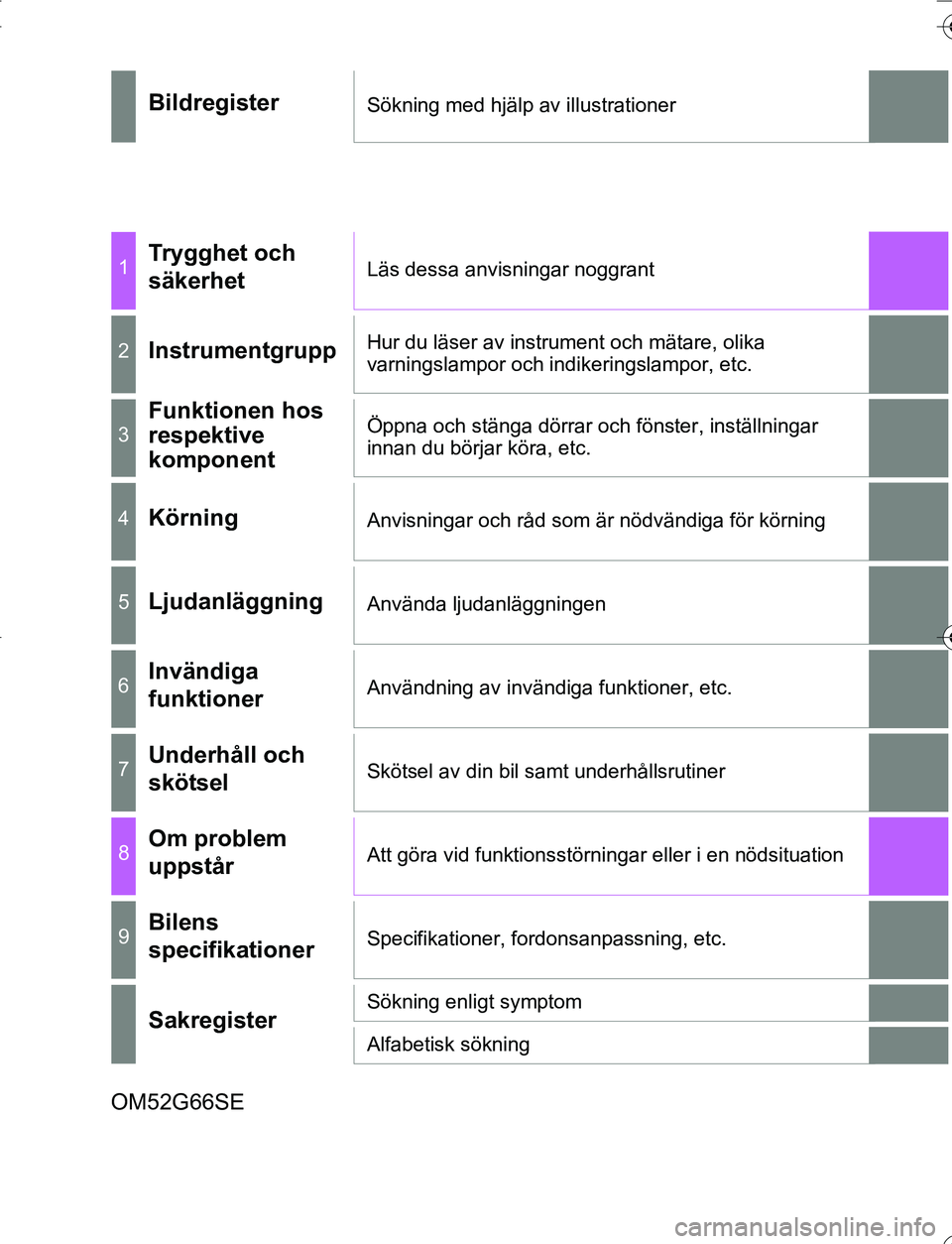 TOYOTA YARIS 2016  Bruksanvisningar (in Swedish) OM52G66SE
BildregisterSökning med hjälp av illustrationer
1Trygghet och 
säkerhetLäs dessa anvisningar noggrant
2InstrumentgruppHur du läser av instrument och mätare, olika 
varningslampor och i