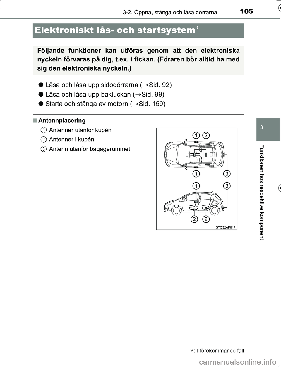 TOYOTA YARIS HATCHBACK 2016 Bruksanvisningar (in Swedish) 105
3
3-2. Öppna, stänga och låsa dörrarna
Funktionen hos respektive komponent
OM52G66SE
Elektroniskt lås- och startsystem
lLåsa och låsa upp sidodörrarna ( Sid. 92)
l Låsa och låsa up TOYOTA YARIS HATCHBACK 2016 Bruksanvisningar (in Swedish) 105
3
3-2. Öppna, stänga och låsa dörrarna
Funktionen hos respektive komponent
OM52G66SE
Elektroniskt lås- och startsystem
lLåsa och låsa upp sidodörrarna ( Sid. 92)
l Låsa och låsa up
