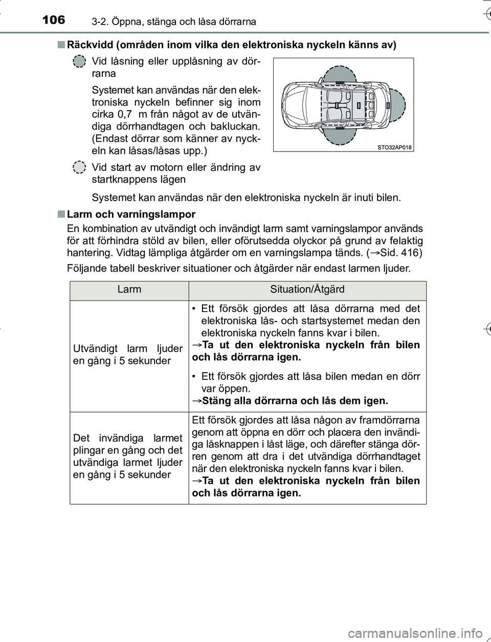 TOYOTA YARIS HATCHBACK 2016 Bruksanvisningar (in Swedish) 1063-2. Öppna, stänga och låsa dörrarna
OM52G66SEn
Räckvidd (områden inom vilka den elektroniska nyckeln känns av)
Systemet kan användas när den elektroniska nyckeln är inuti bilen.
n Larm o TOYOTA YARIS HATCHBACK 2016 Bruksanvisningar (in Swedish) 1063-2. Öppna, stänga och låsa dörrarna
OM52G66SEn
Räckvidd (områden inom vilka den elektroniska nyckeln känns av)
Systemet kan användas när den elektroniska nyckeln är inuti bilen.
n Larm o