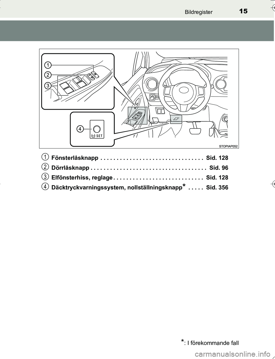 TOYOTA YARIS 2016 Bruksanvisningar (in Swedish) 15Bildregister
OM52G66SEFönsterlåsknapp . . . . . . . . . . . . . . . . . . . . . . . . . . . . . . . . Sid. 128
Dörrlåsknapp . . . . . . . . . . . . . . . . . . . . . . . . . . . . . . . . . . TOYOTA YARIS 2016 Bruksanvisningar (in Swedish) 15Bildregister
OM52G66SEFönsterlåsknapp . . . . . . . . . . . . . . . . . . . . . . . . . . . . . . . . Sid. 128
Dörrlåsknapp . . . . . . . . . . . . . . . . . . . . . . . . . . . . . . . . . .