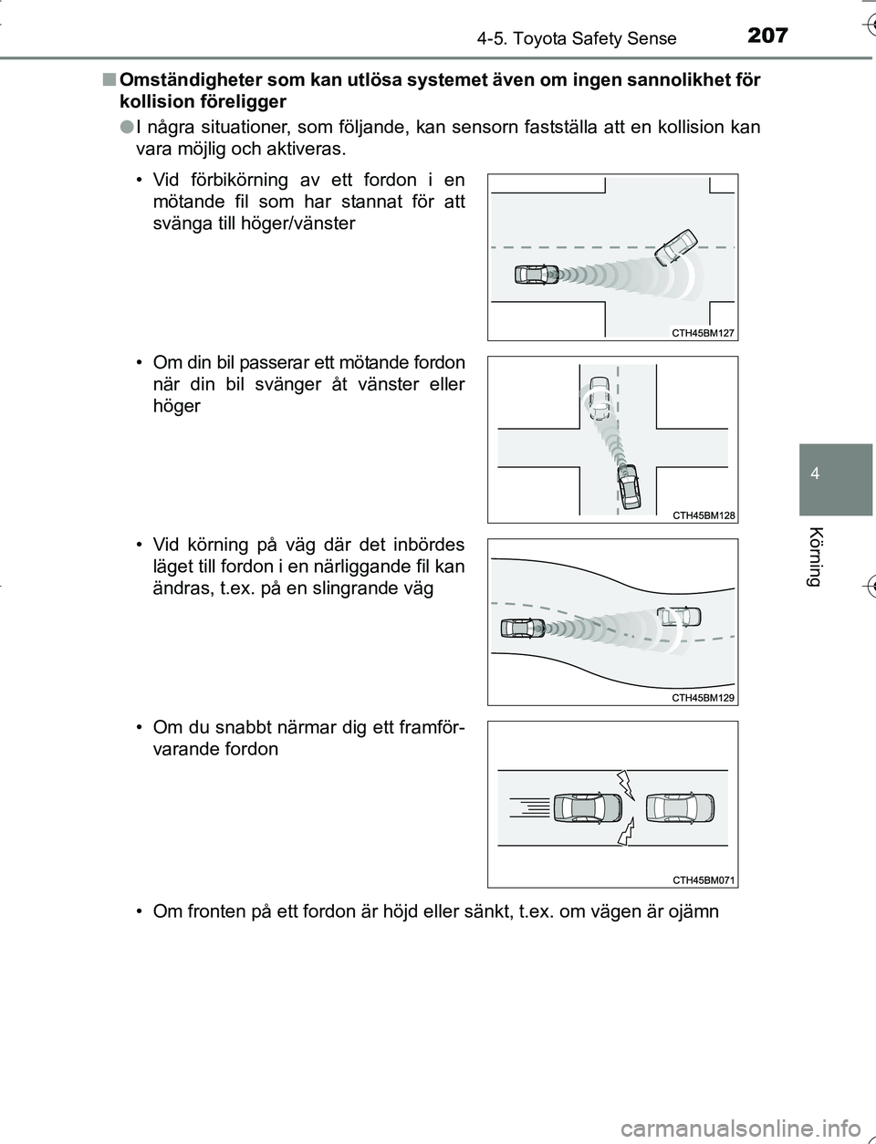 TOYOTA YARIS HATCHBACK 2016 Bruksanvisningar (in Swedish) 2074-5. Toyota Safety Sense
4
Körning
OM52G66SEn
Omständigheter som kan utlösa systemet även om ingen sannolikhet för
kollision föreligger
lI några situationer, som följande, kan sensorn fasts TOYOTA YARIS HATCHBACK 2016 Bruksanvisningar (in Swedish) 2074-5. Toyota Safety Sense
4
Körning
OM52G66SEn
Omständigheter som kan utlösa systemet även om ingen sannolikhet för
kollision föreligger
lI några situationer, som följande, kan sensorn fasts
